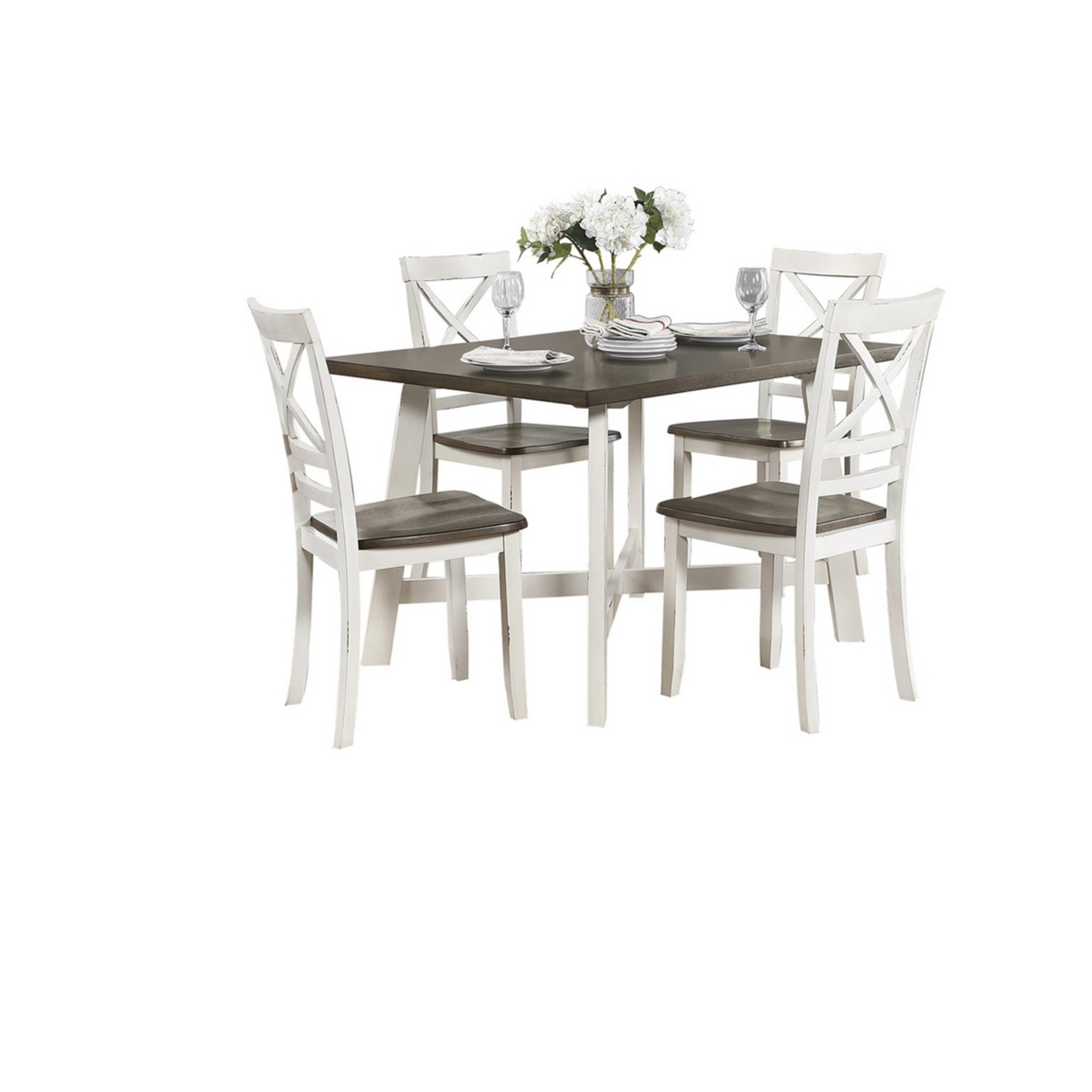 Transitional Style Wooden 5 Piece Dinette Set, Brown And White- Saltoro Sherpi