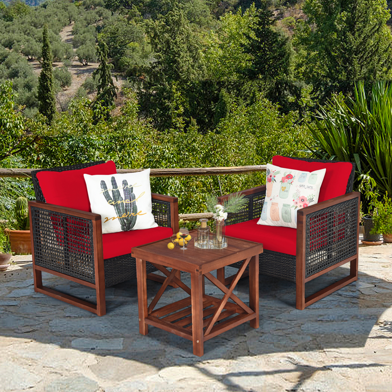 3PCS Rattan Wicker Patio Conversation Set Outdoor Furniture Set W/ Red Cushion
