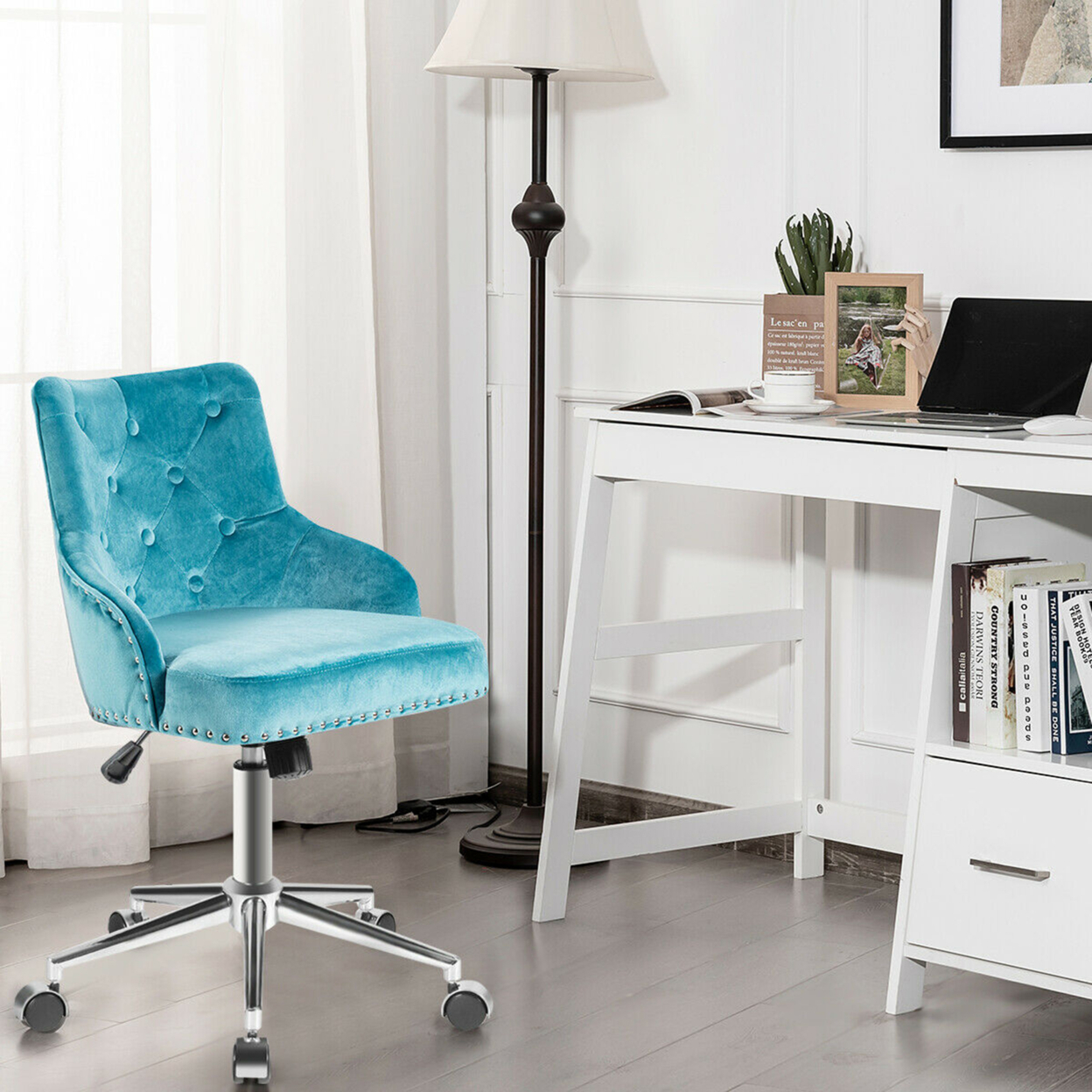 Velvet Office Chair Upholstered Swivel Computer Task Chair Turquoise
