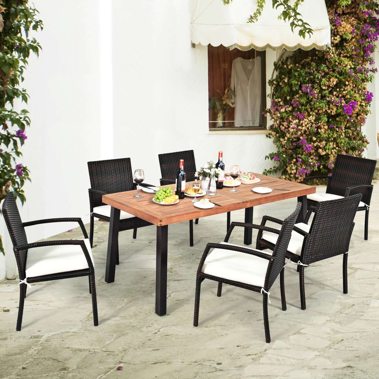 7PCS Patio Rattan Dining Set Wooden Table Top Cushioned Chair Garden