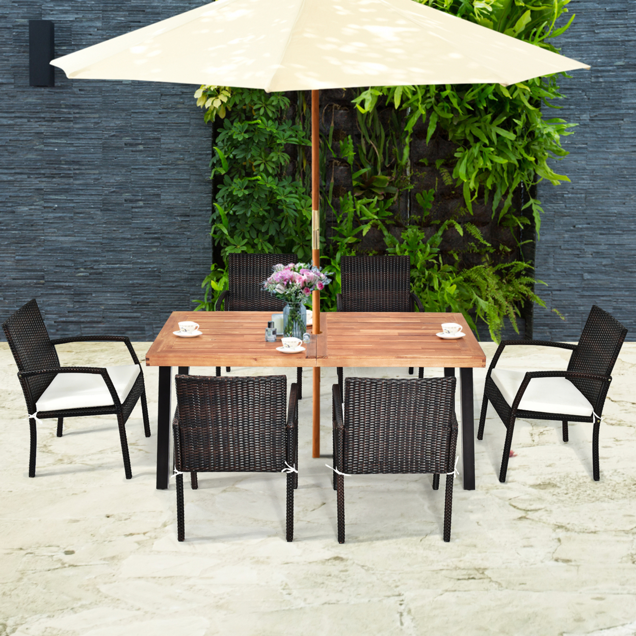 7PCS Patio Rattan Dining Set Wooden Table Top Cushioned Chair Garden