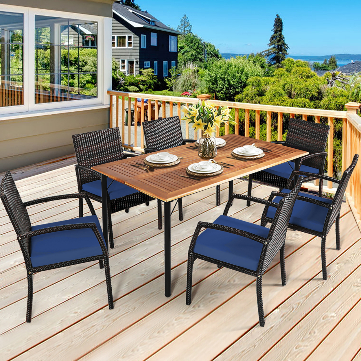 7PCS Patio Dining Furniture Set Yard W/ Wooden Tabletop Navy Cushions