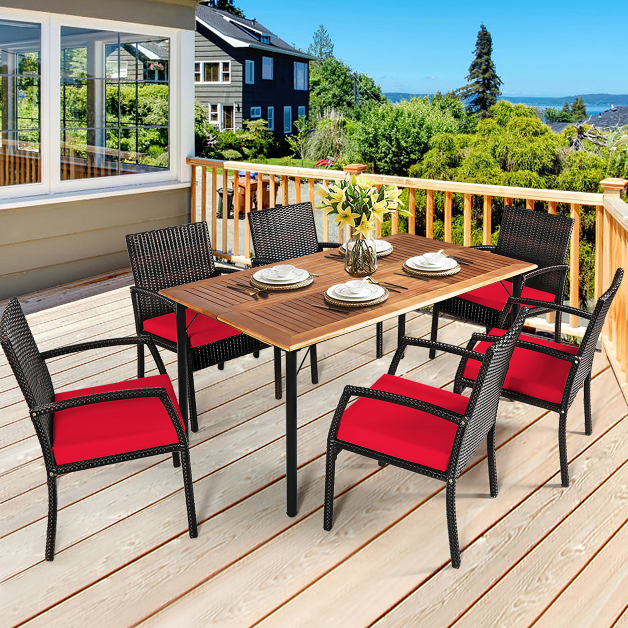 7PCS Patio Dining Furniture Set Yard W/ Wooden Tabletop Red Cushions