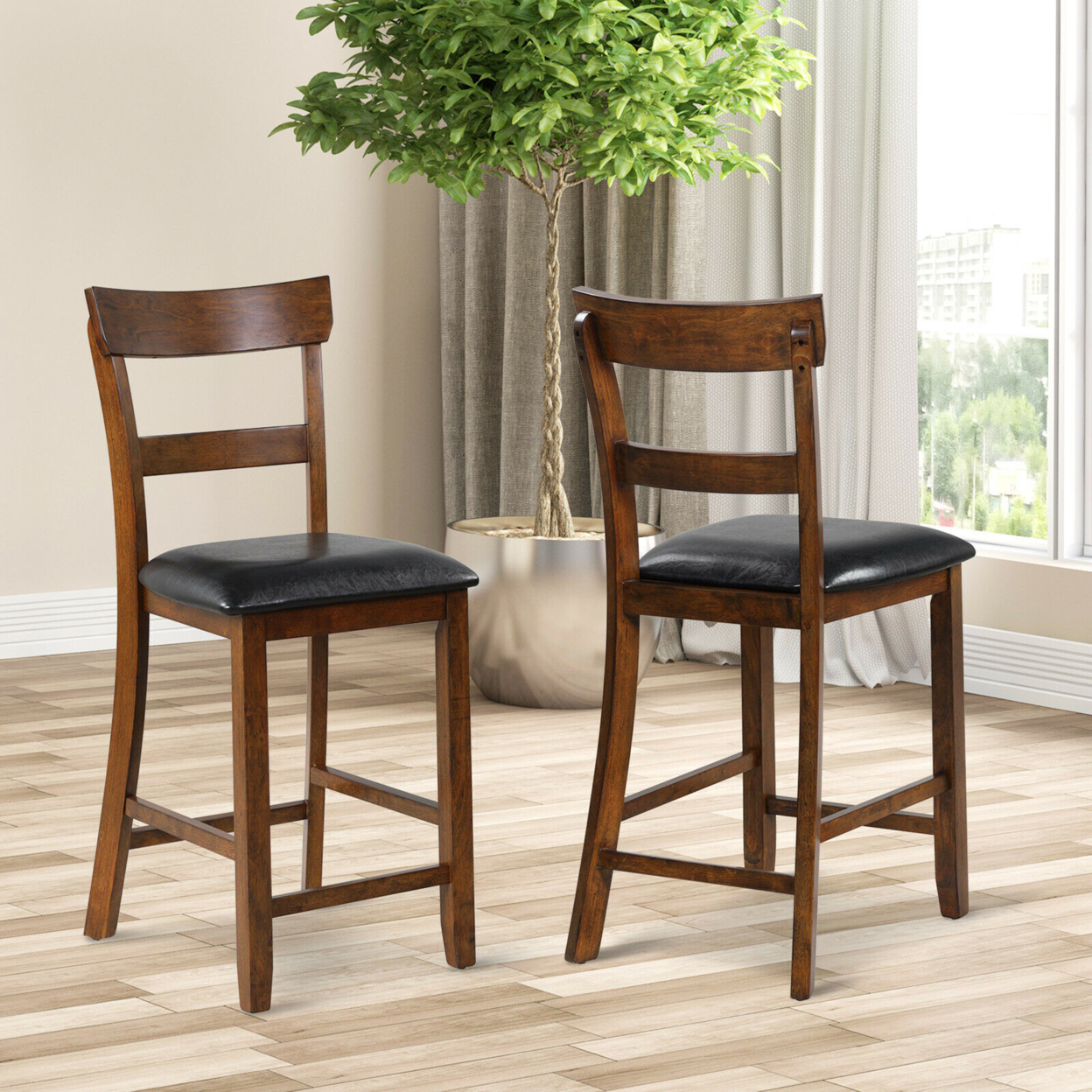 Set Of 2 Barstools Counter Height Chairs W/Leather Seat & Rubber Wood Legs