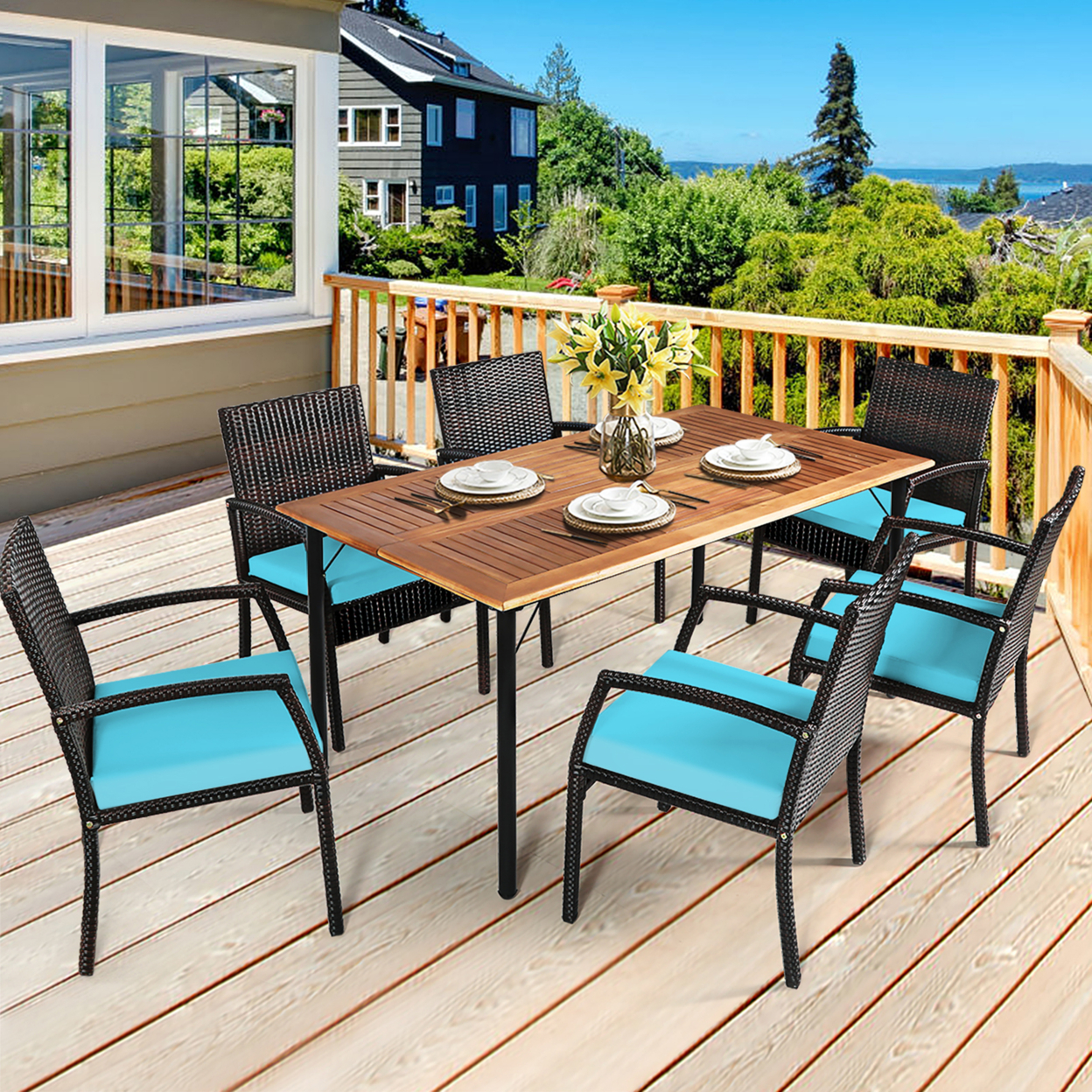 7PCS Patio Dining Furniture Set Yard W/ Wooden Tabletop Turquoise Cushions