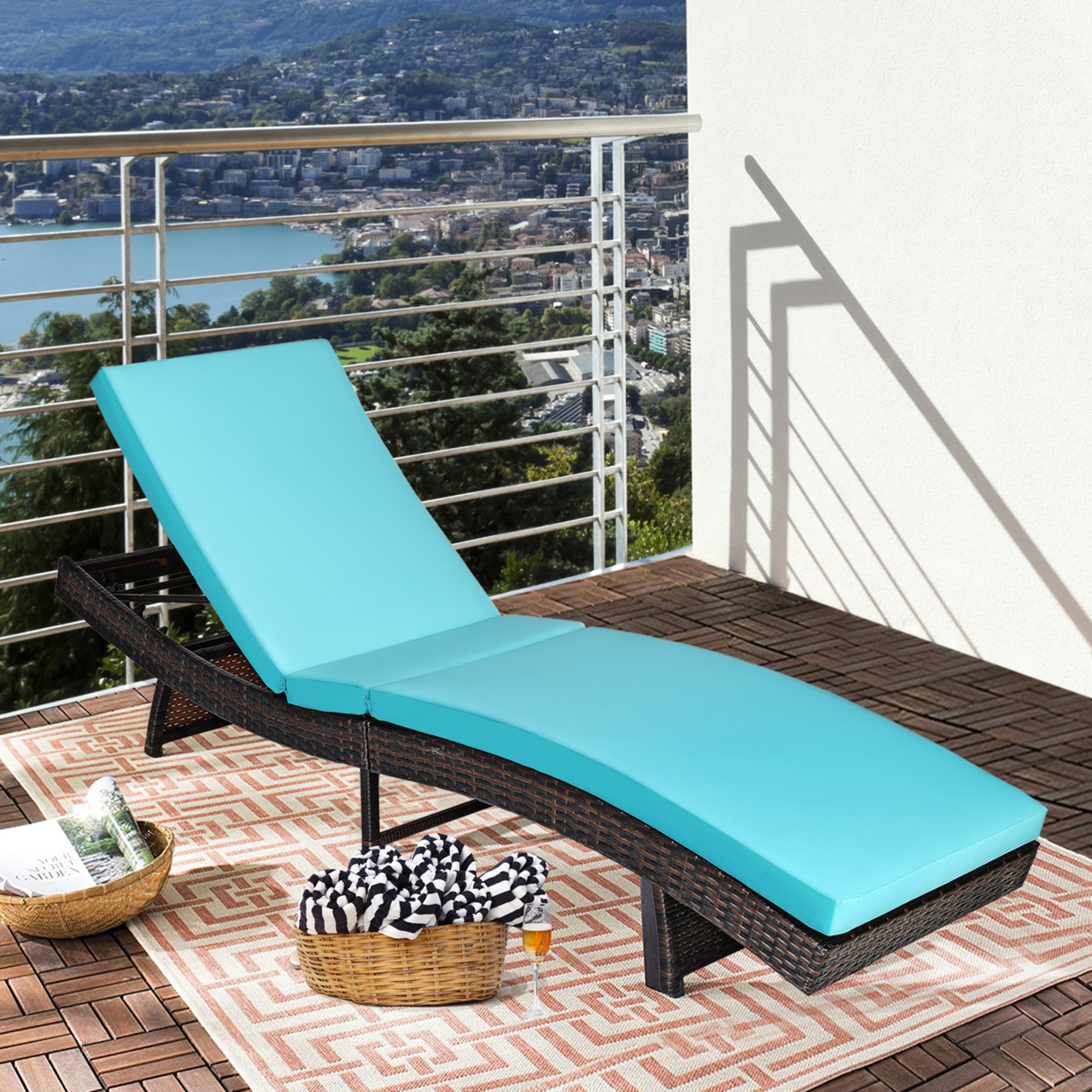 Foldable Patio Rattan Chaise Lounge Chair W/5 Back Positions Turquoise Cushion
