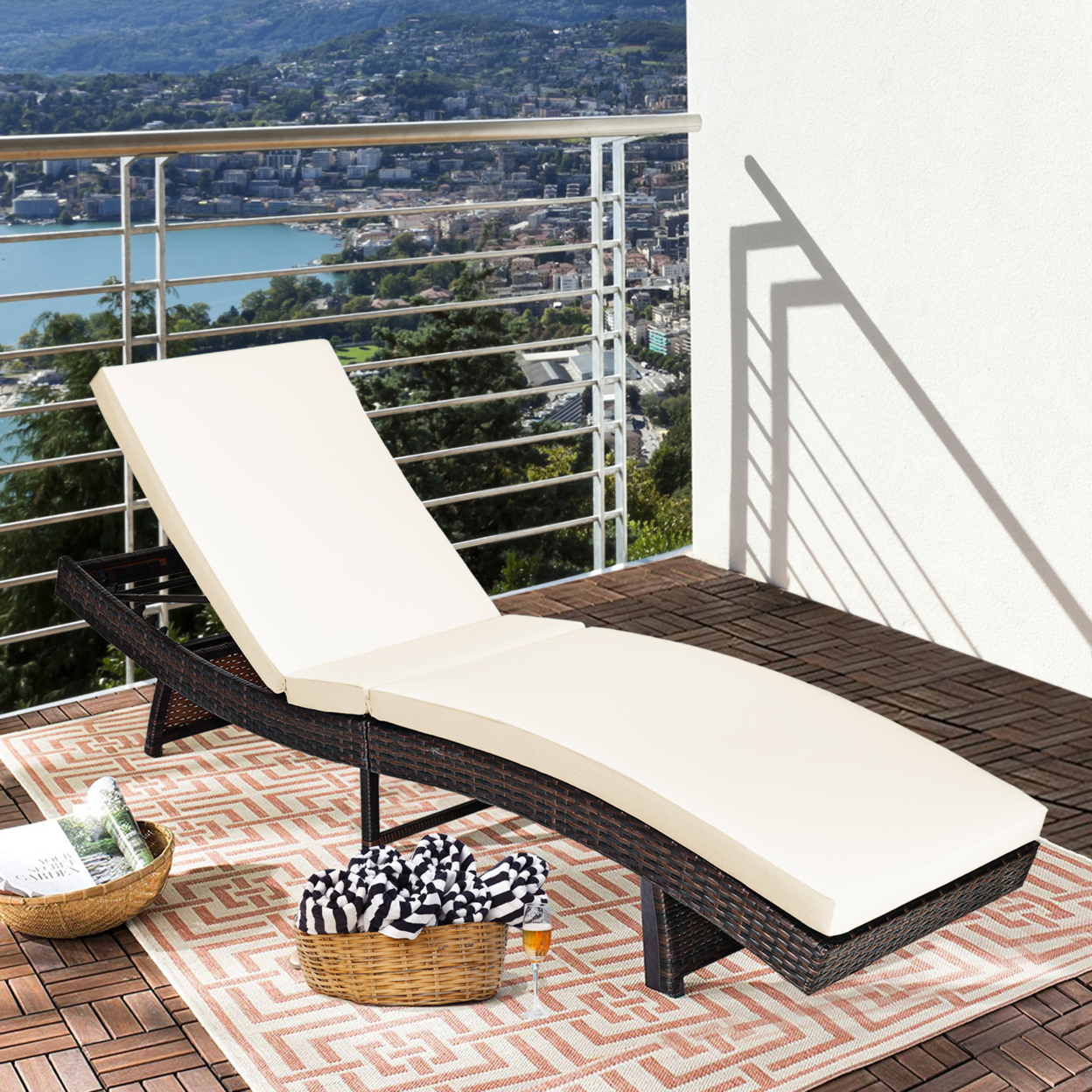 Foldable Patio Rattan Chaise Lounge Chair W/5 Back Positions White Cushion