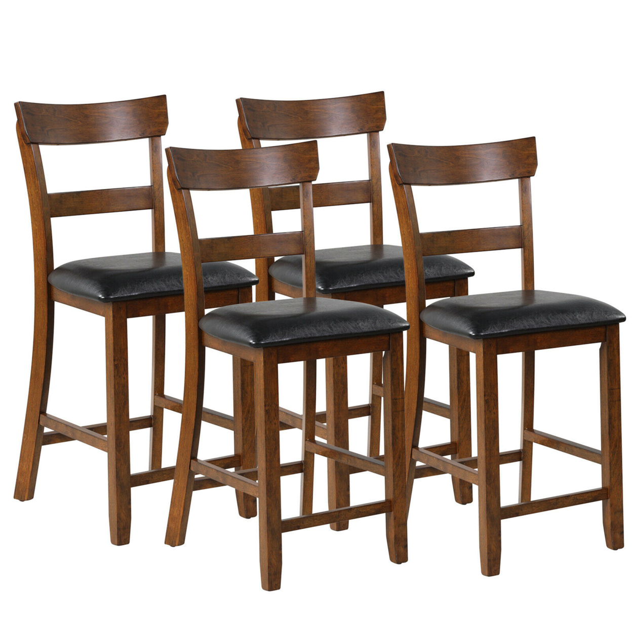 Set Of 4 Barstools Counter Height Chairs W/Leather Seat & Rubber Wood Legs