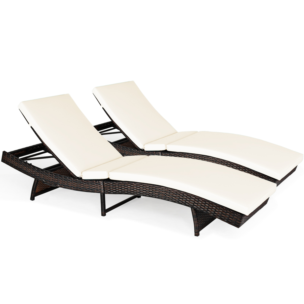 Set Of 2 Foldable Patio Rattan Chaise Lounge Chair W/5 Back Positions White Cushion