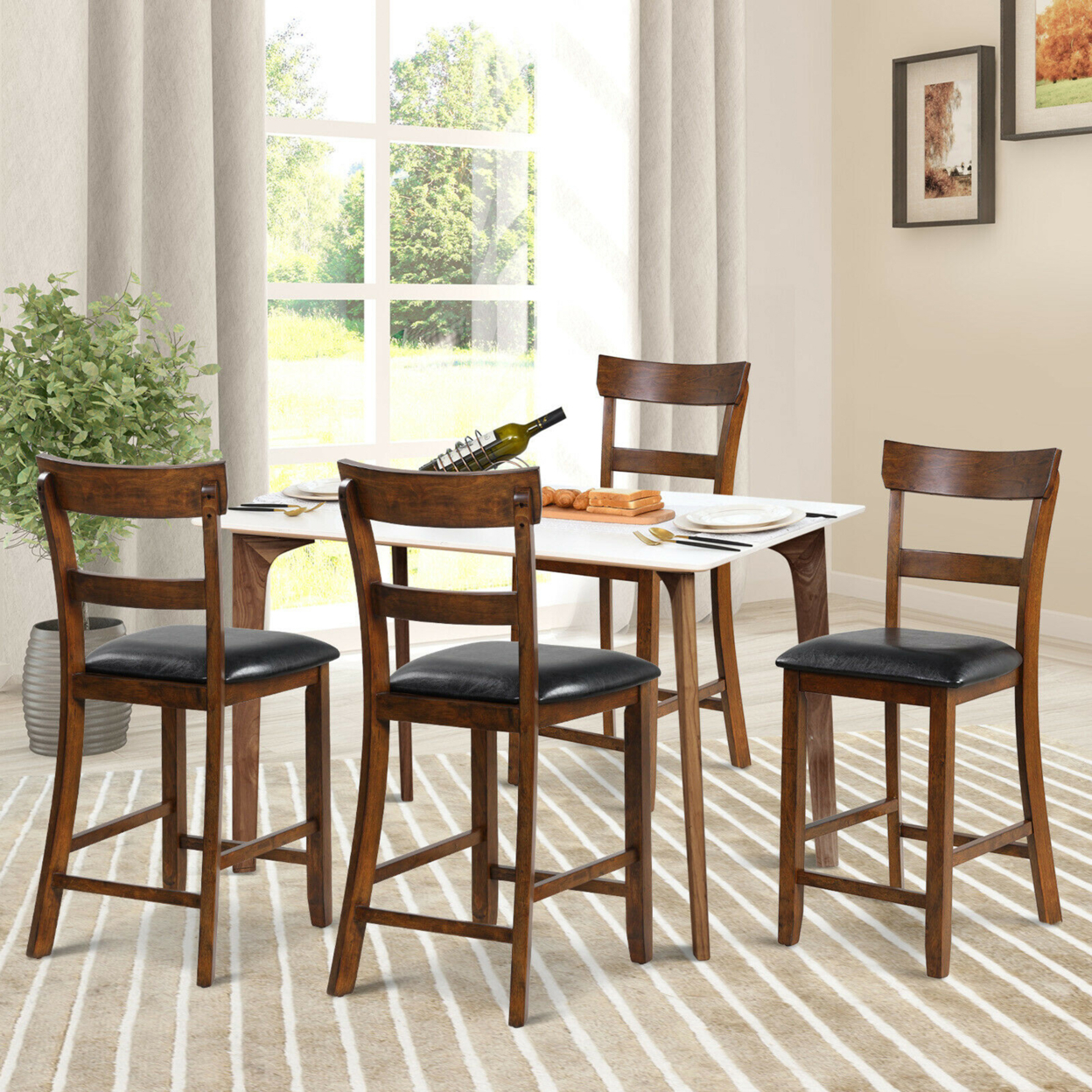 Set Of 4 Barstools Counter Height Chairs W/Leather Seat & Rubber Wood Legs