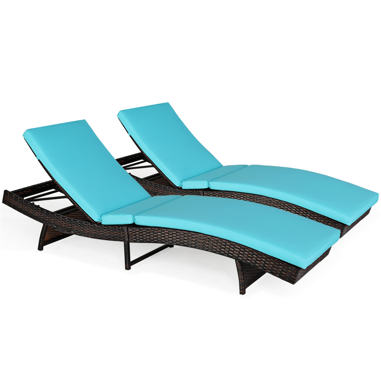 Set Of 2 Foldable Patio Rattan Chaise Lounge Chair W/5 Back Positions Turquoise Cushion