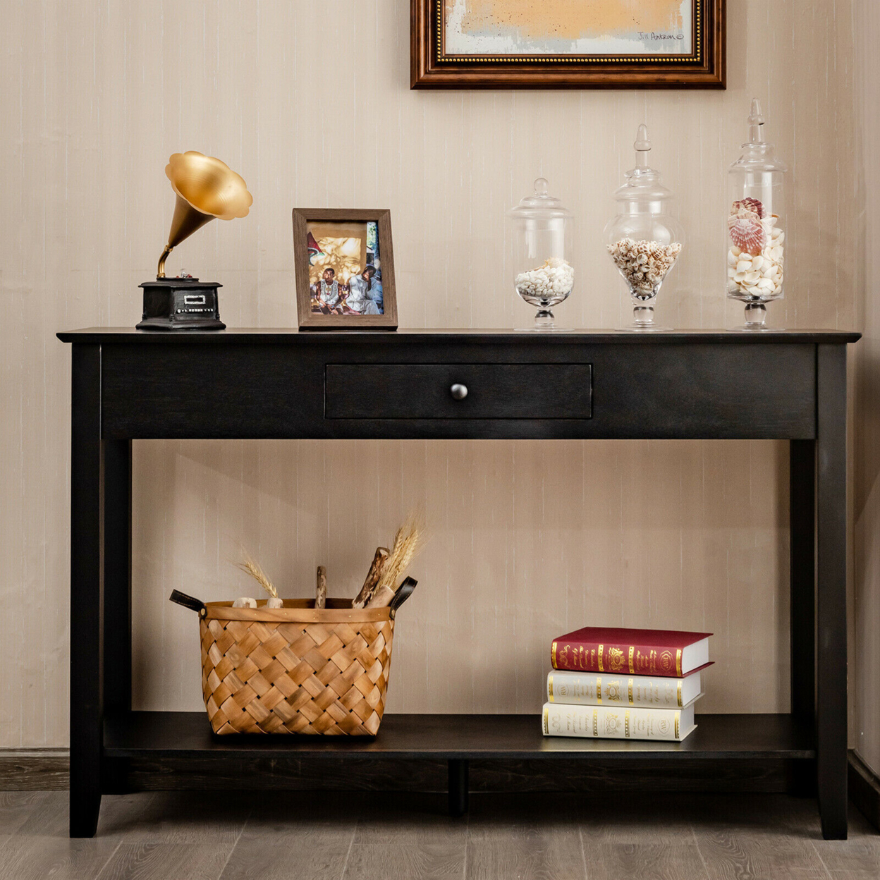 Console Table With Drawer Shelf 2 Tier Sofa Side Accent Table Black