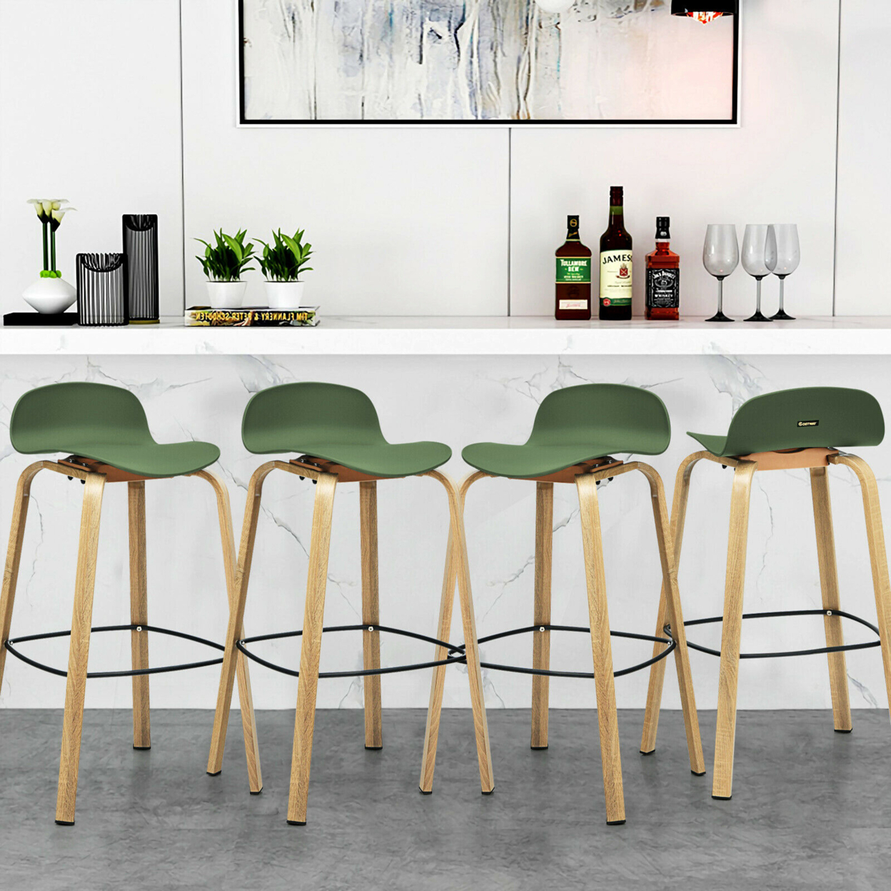 Modern Set Of 4 Barstools 30inch Pub Chairs W/Low Back & Metal Legs Green