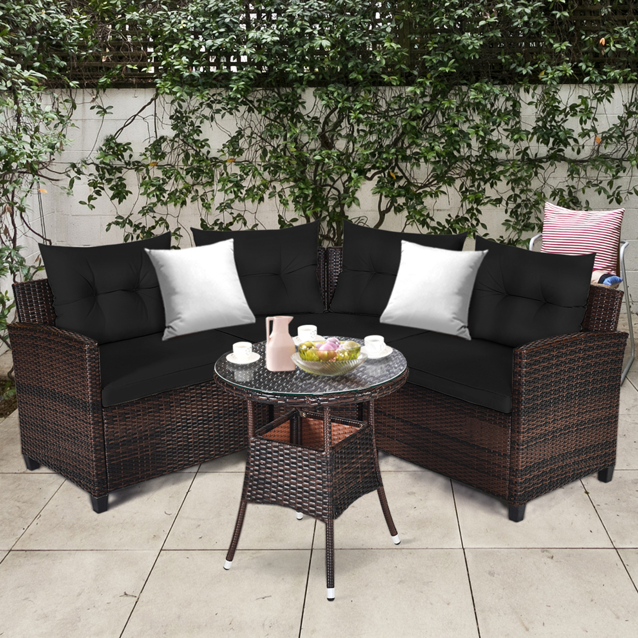 4PCS Patio Furniture Set Outdoor Rattan Sectional Sofa Set W/ Black Cushions