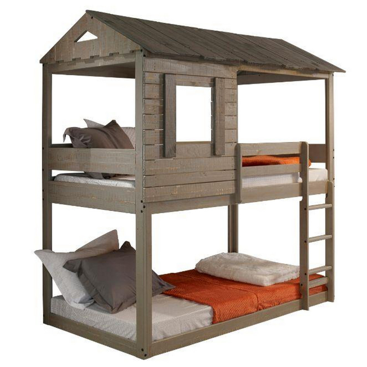 Twin Size Wooden Bunk Bed With House Design, Brown- Saltoro Sherpi