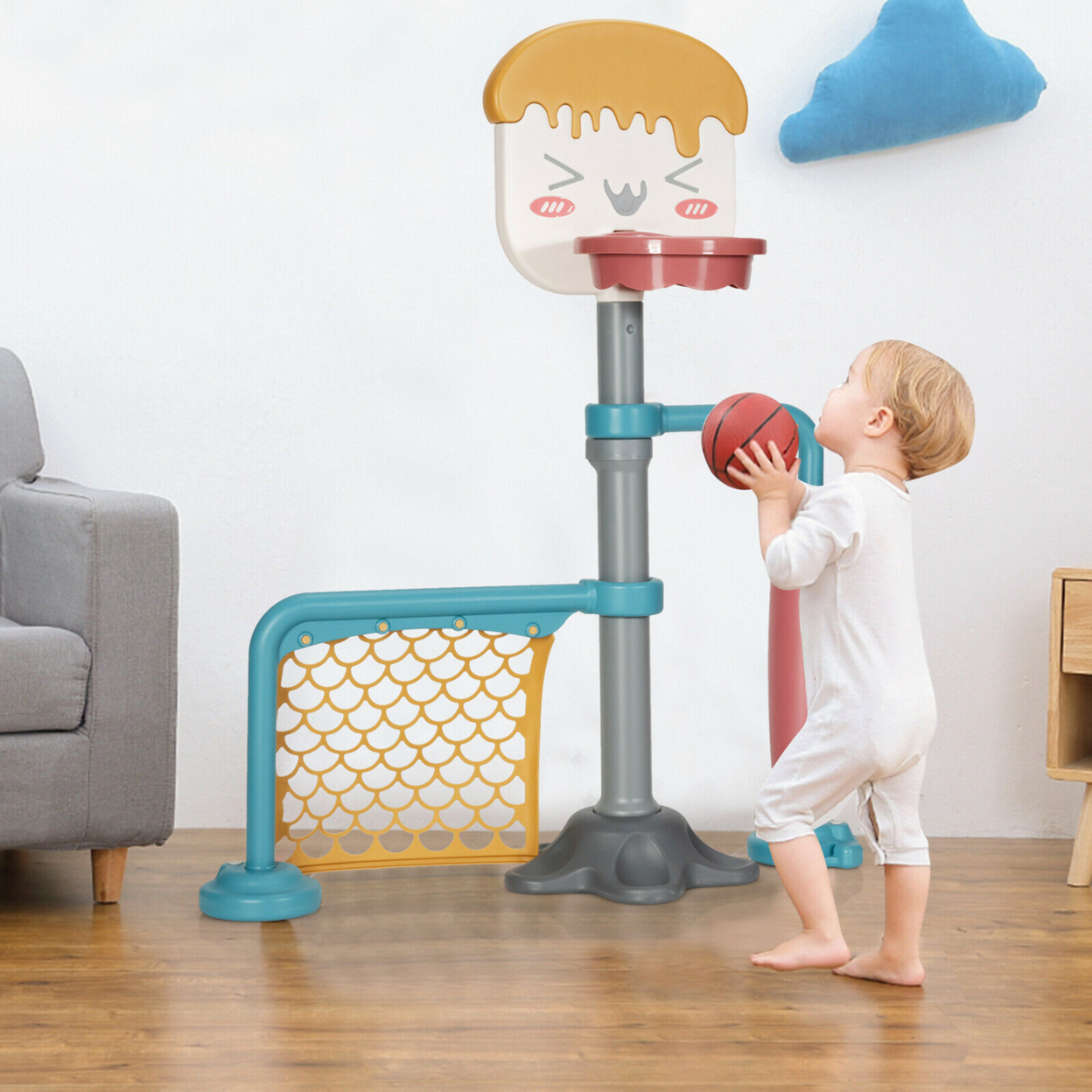 3-in-1 Basketball Stand Set W/ Soccer & Roller Adjustable Height