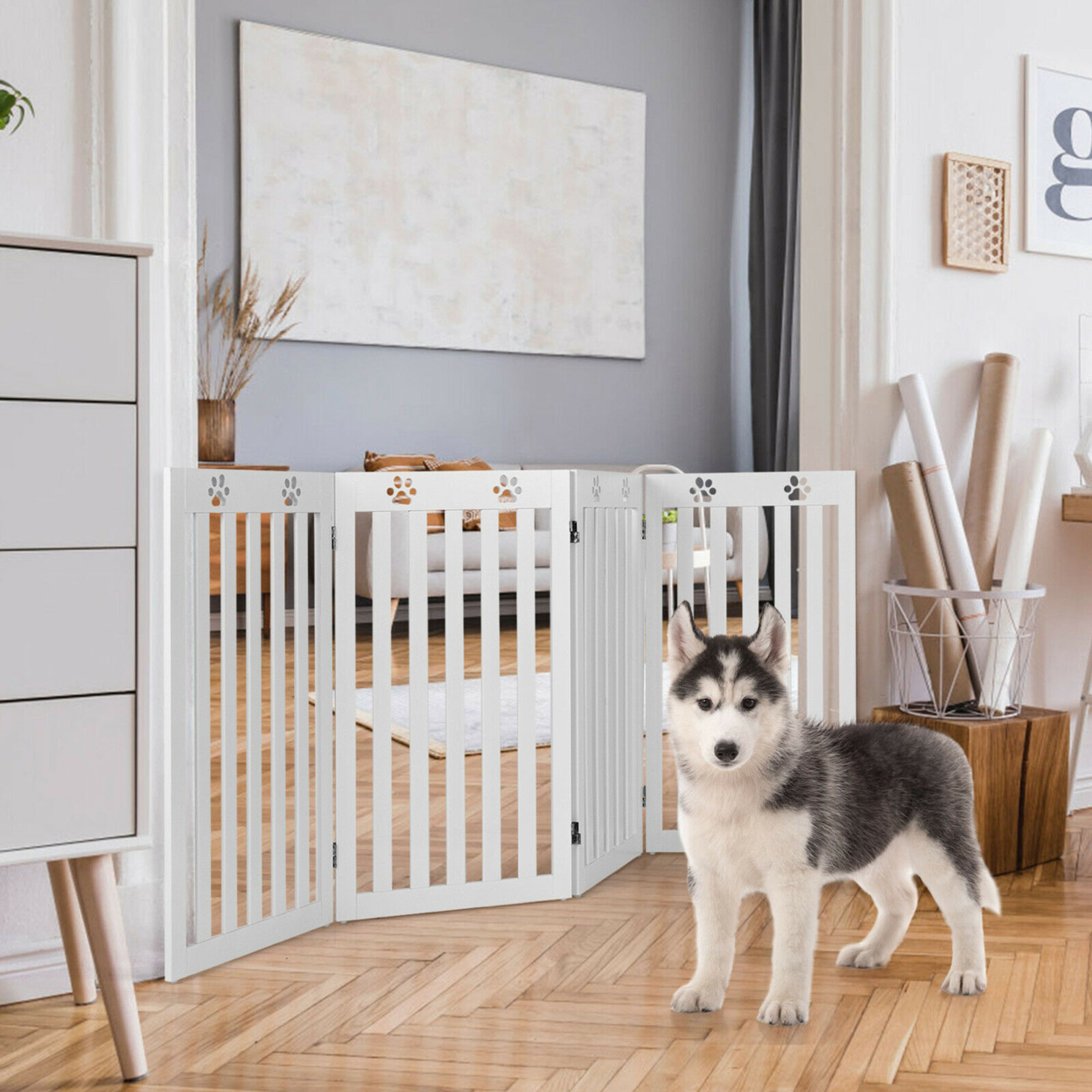 36'' Folding Wooden Freestanding Pet Gate Dog Gate W/360Â° Hinge White