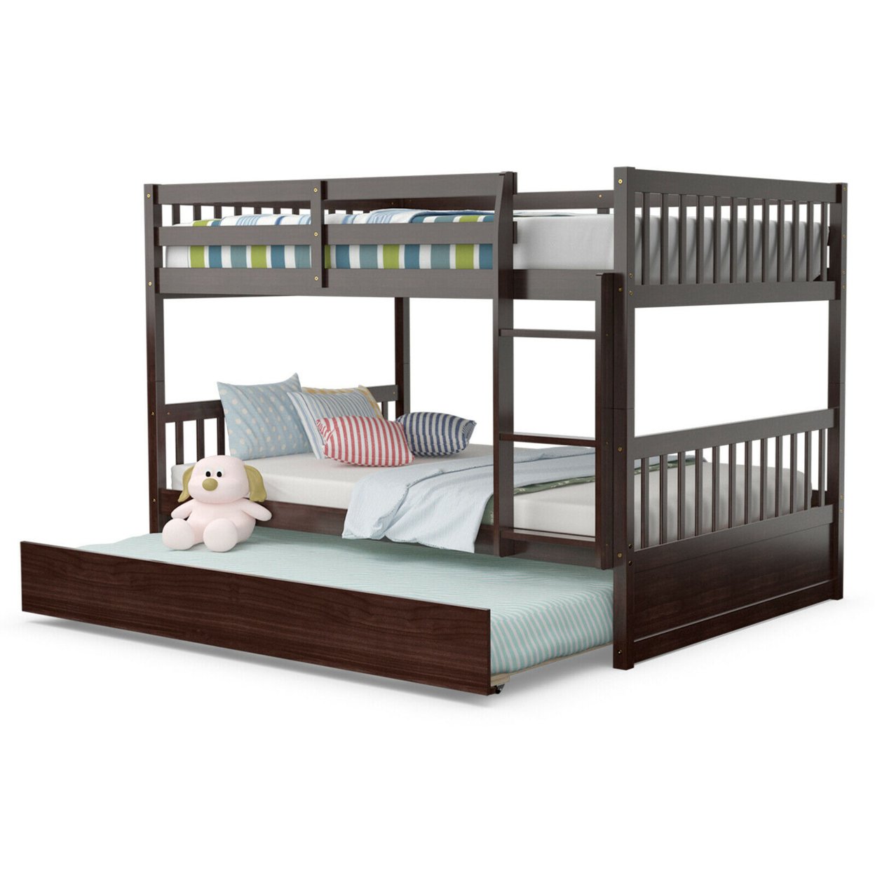 Full Over Full Bunk Bed Platform Wood Bed W/ Trundle & Ladder Rail
