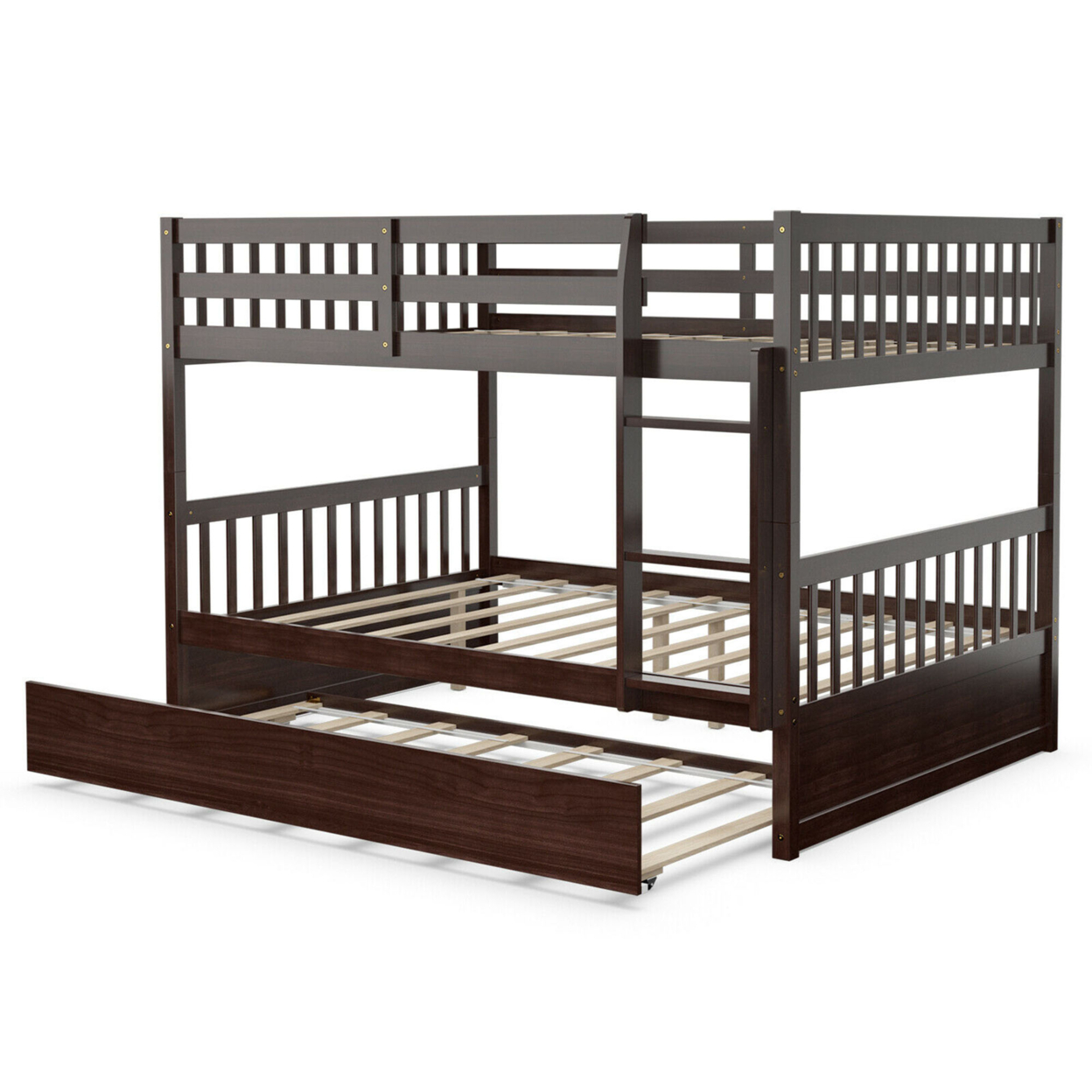 Full Over Full Bunk Bed Platform Wood Bed W/ Trundle & Ladder Rail