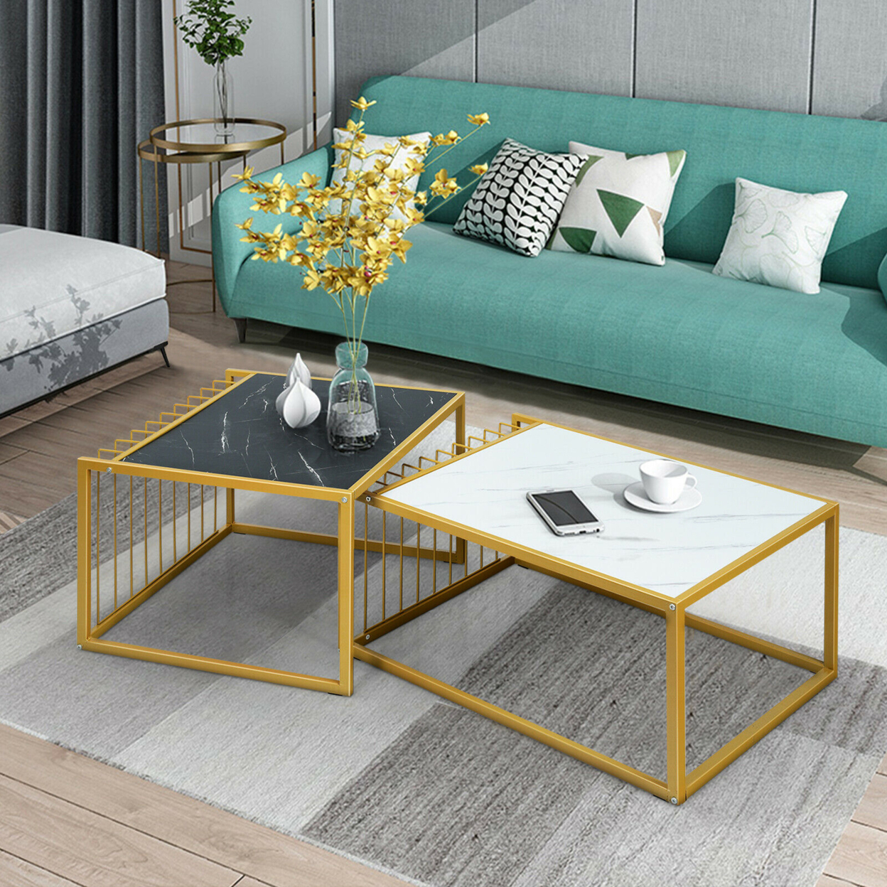Modern Nesting Coffee Table Marble-Top Side Snack Table Set W/ Gold Metal Frame