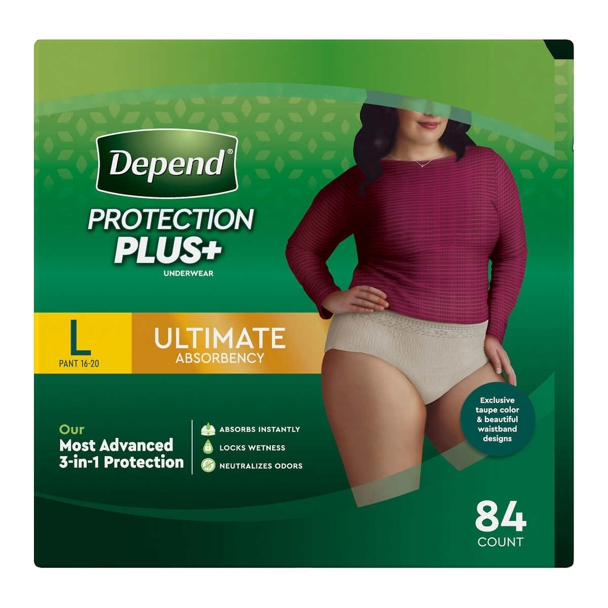 Depend Protection Plus Ultimate Underwear For Women, Large (84 Count)