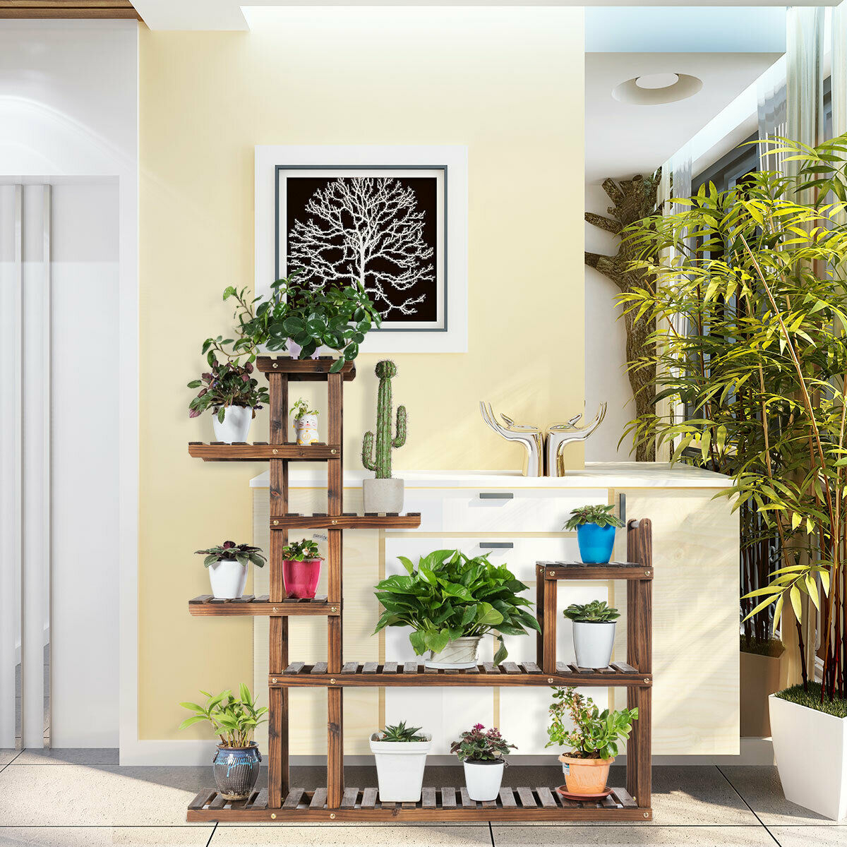 7-Tier Flower Wood Stand Plant Display Rack Multifunctional Storage Shelf