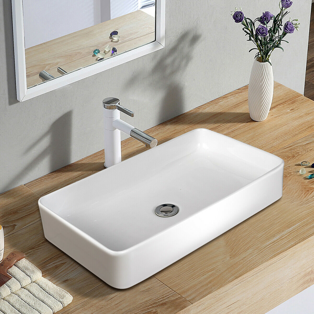 24 X 14 Rectangle Bathroom Ceramic Vessel Sink Vanity Art Basin W/Pop-up Drain