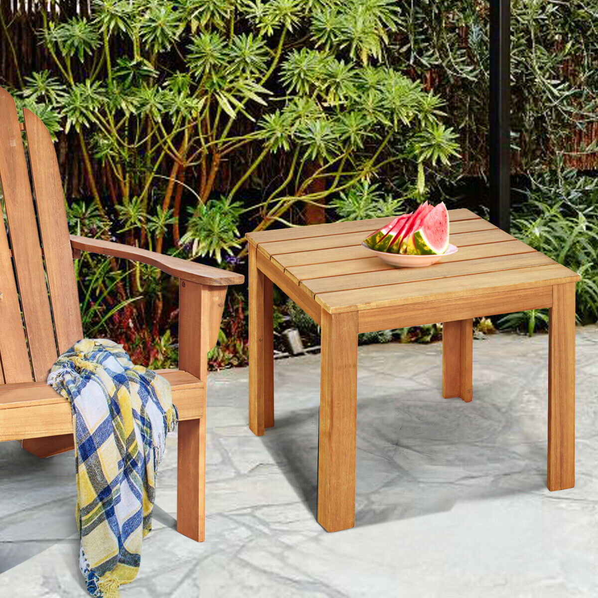 2PCS Wooden Square Side End Table Patio Coffee Bistro Table Indoor Outdoor Natural