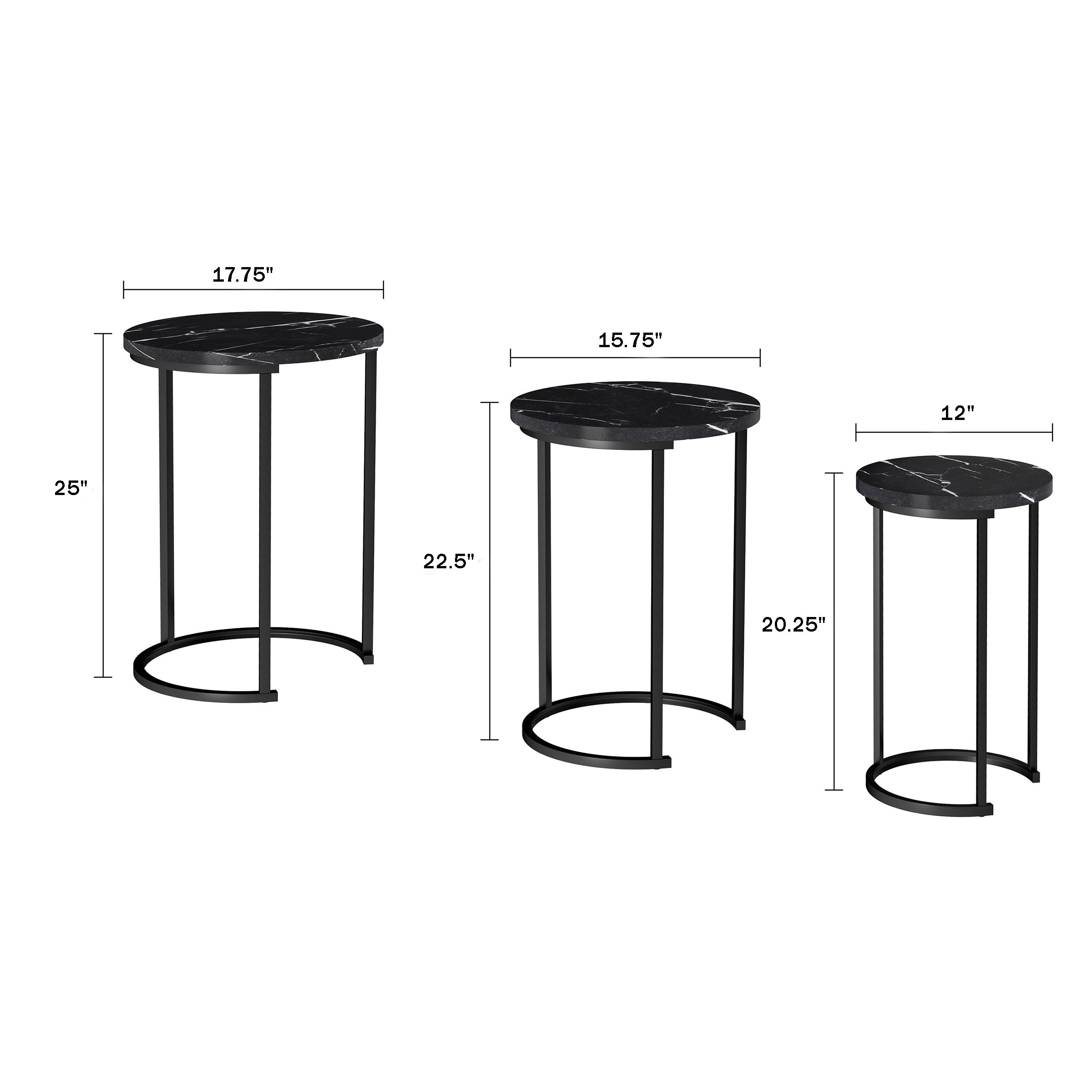 Set Of 3 Nesting Tables Black Faux Marble Accent Tables