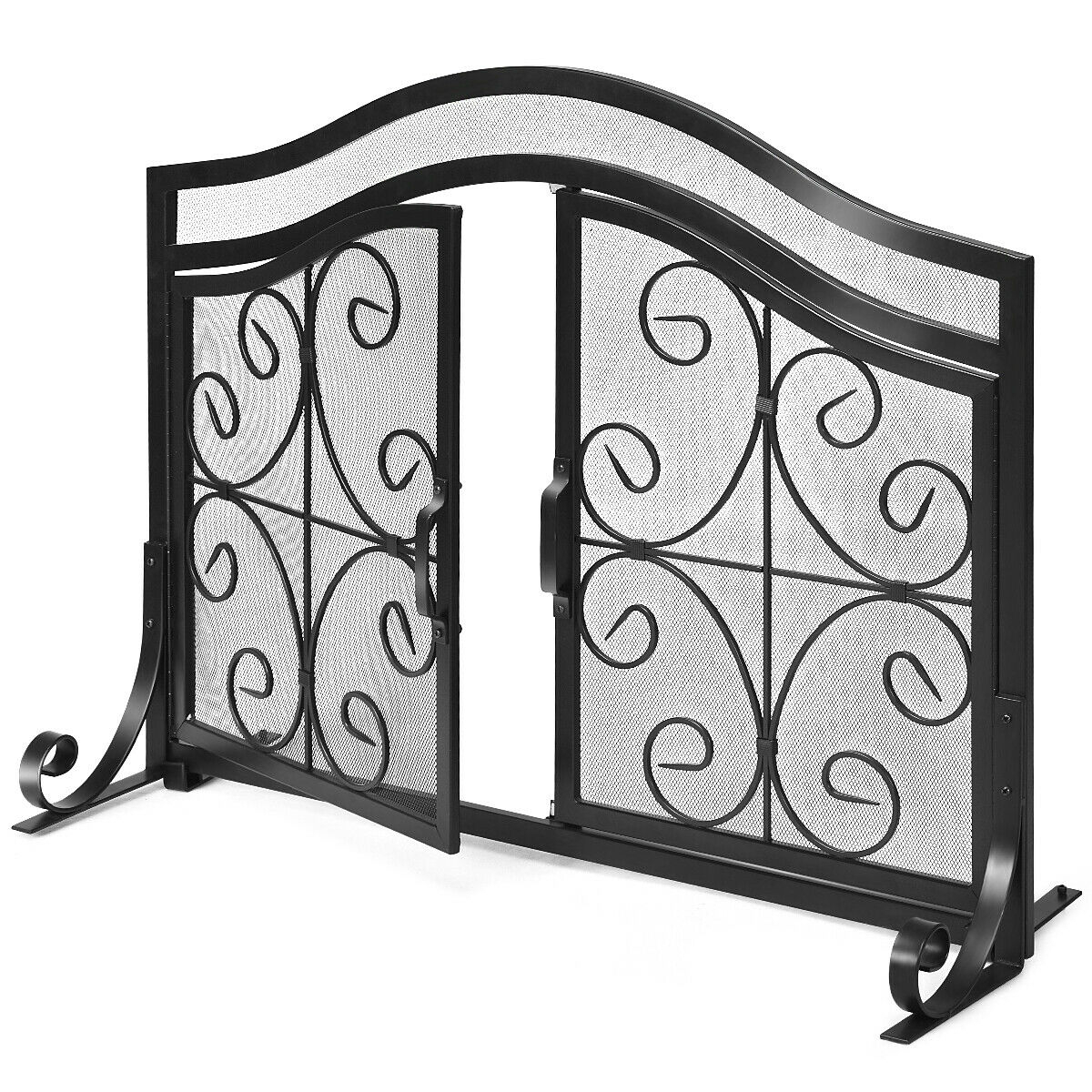 Fireplace Screen With Hinged Magnetic Two-doors Flat Guard Freestanding Black
