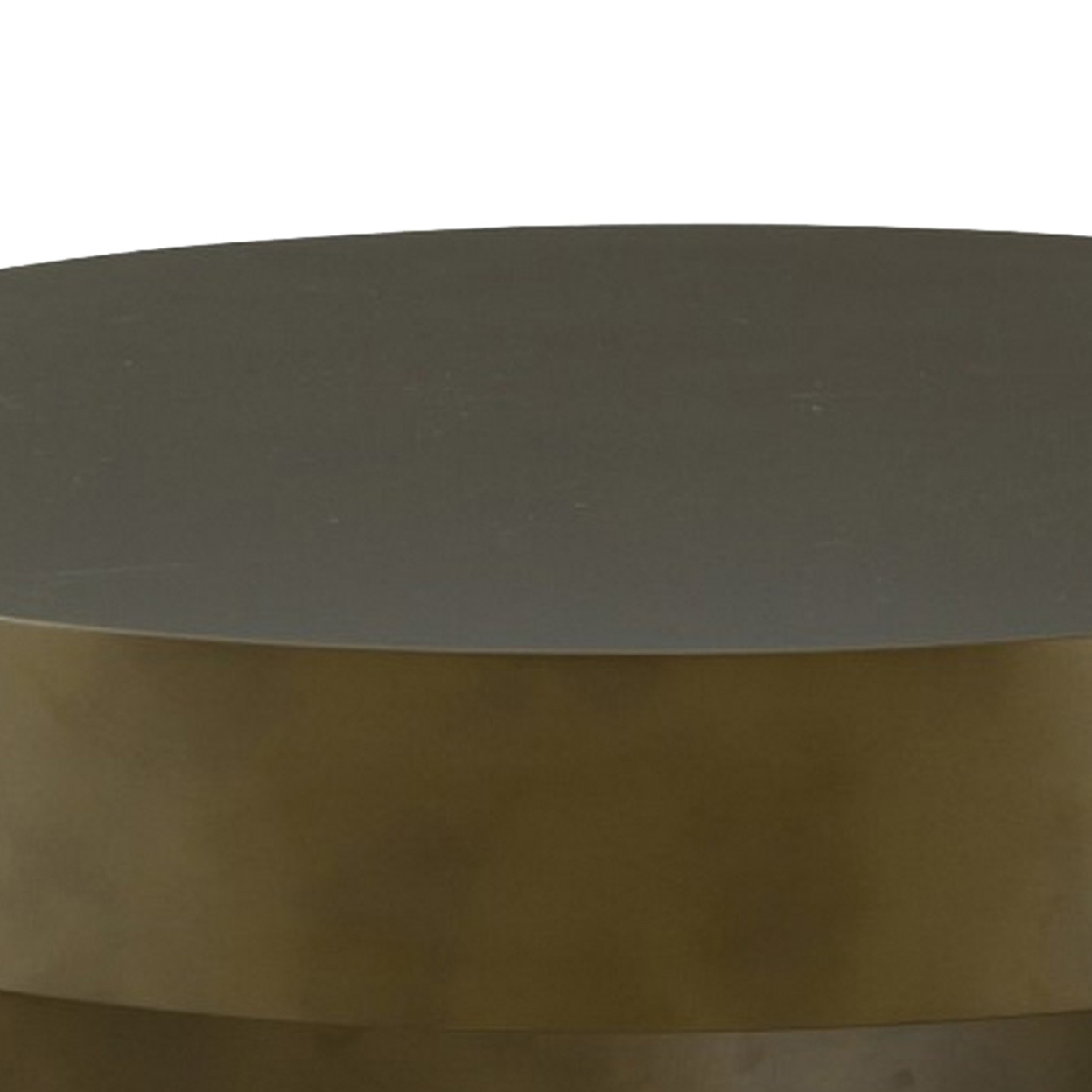 Contemporary Round Metal Coffee Table With Drum Base, Bronze- Saltoro Sherpi