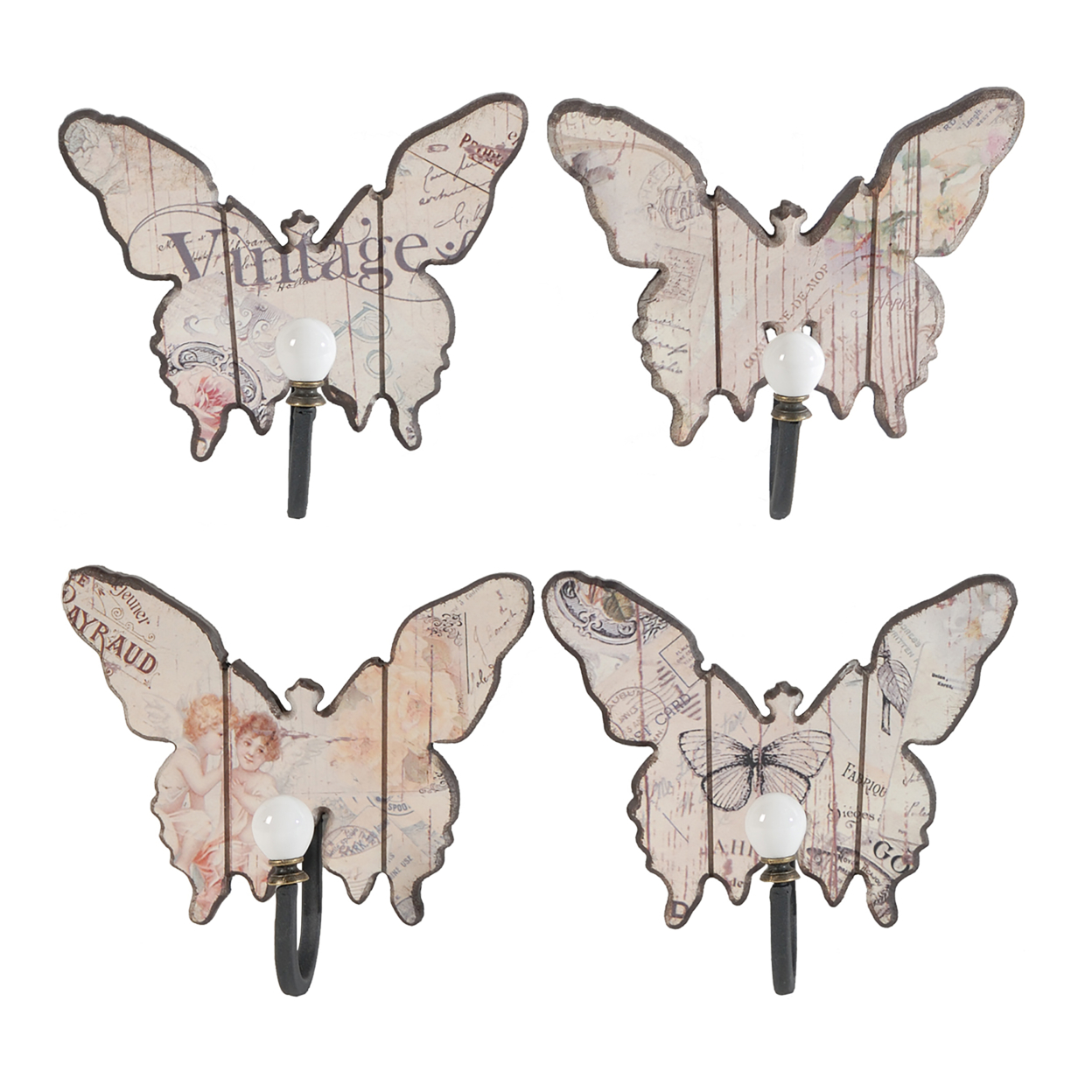 Butterfly Wall D???cor With Vintage Print, Set Of 4, Multicolor- Saltoro Sherpi