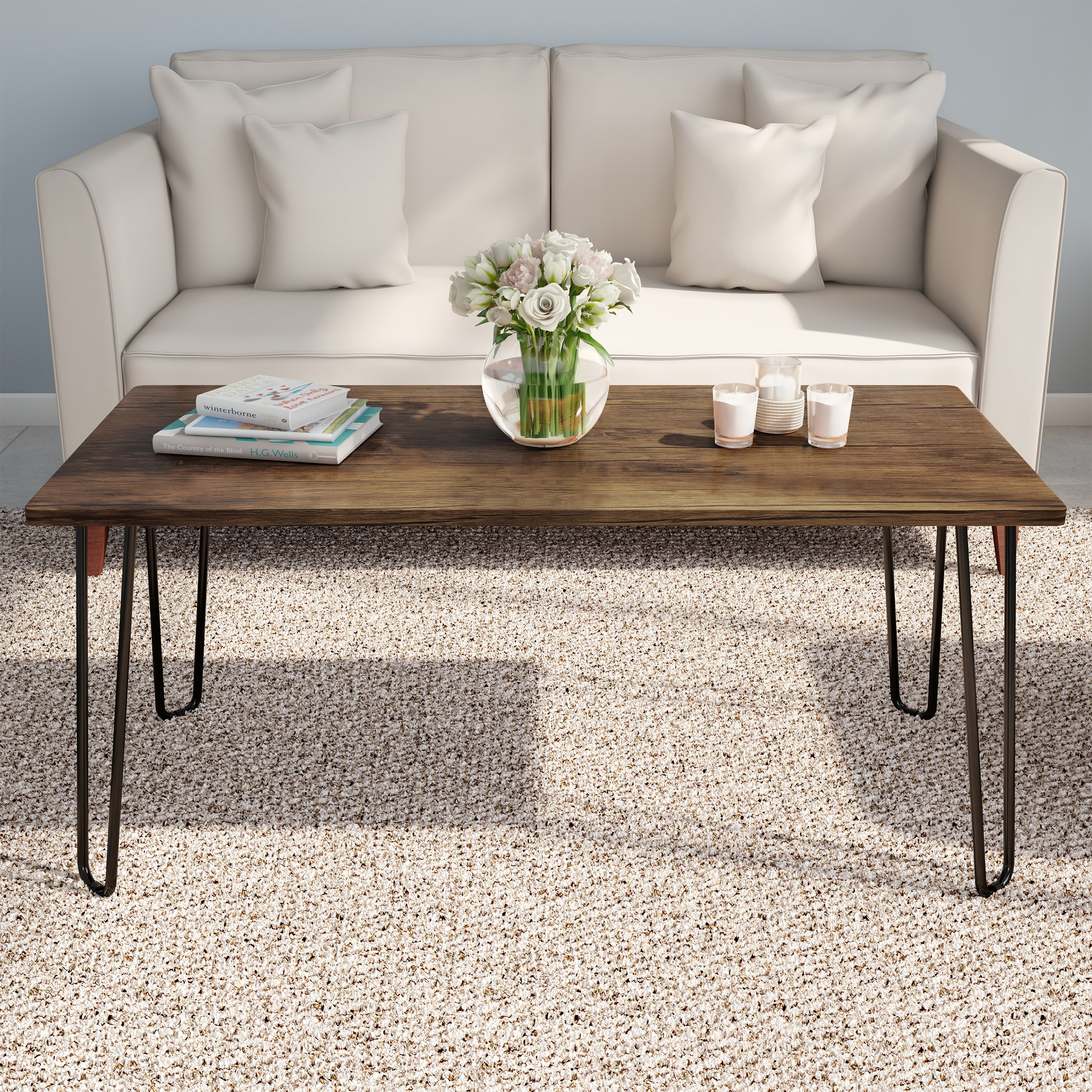 Coffee Table Brown Hairpin Metal Legs Accent Table