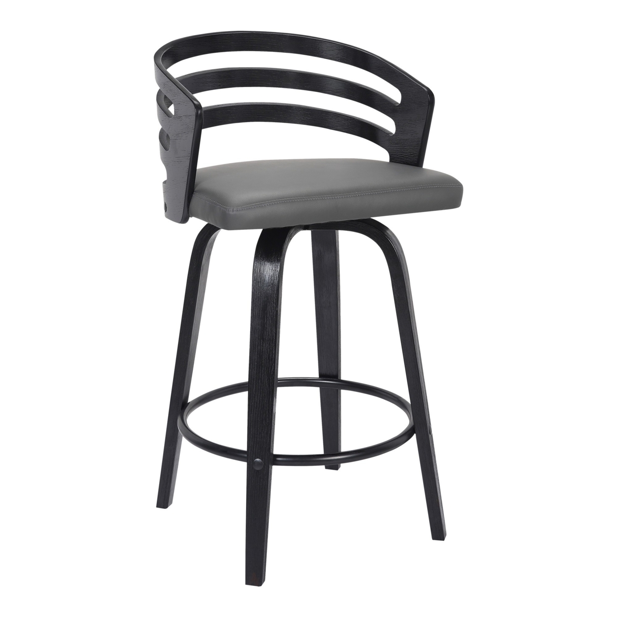 30 Inch Wooden And Leatherette Swivel Barstool, Gray And Black- Saltoro Sherpi