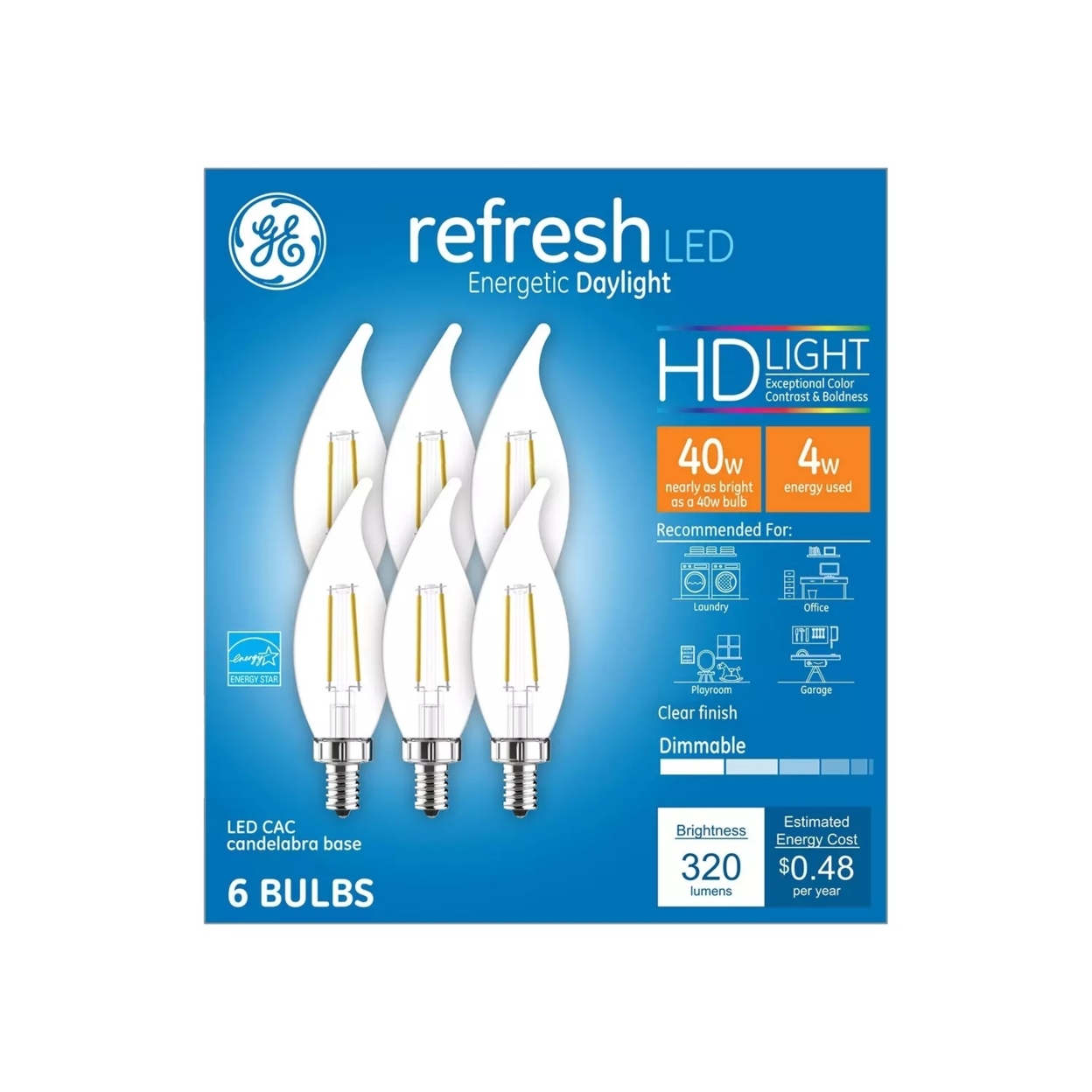GE Refresh HD Daylight 40W Eqv. LED Decorative Small Base Light Bulb (Pack Of 6)