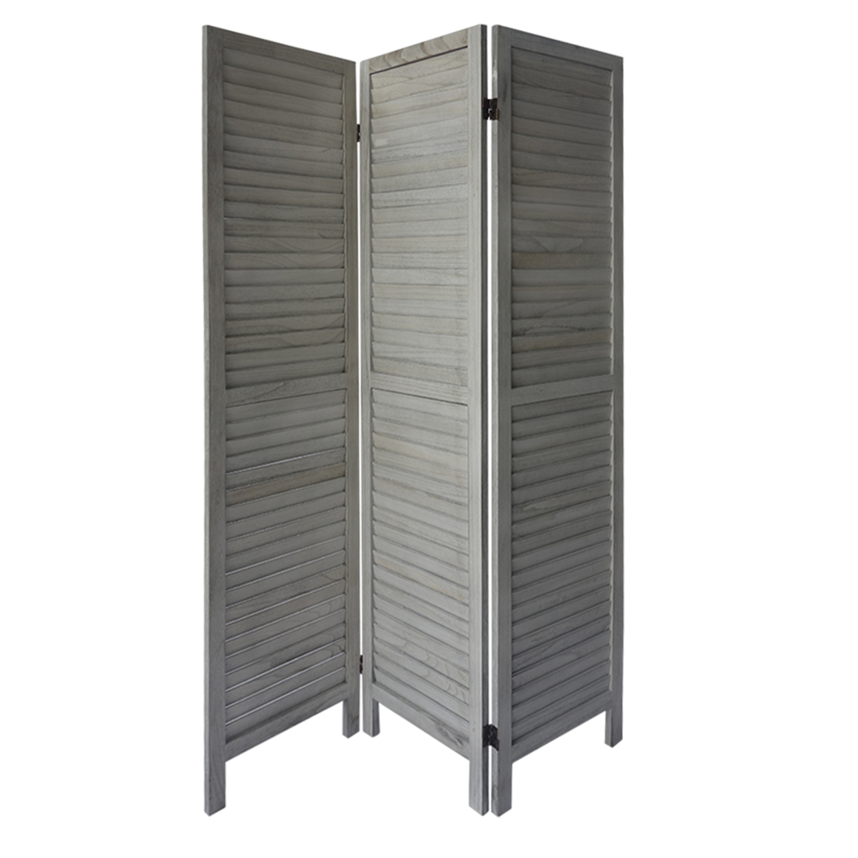 67 Inch Paulownia Wood Panel Divider Screen, Shutter Design, 3 Panels, Distressed Gray- Saltoro Sherpi