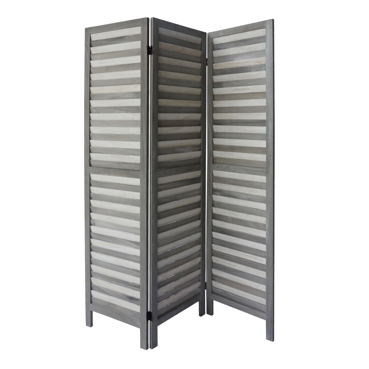 67 Inch Paulownia Wood Panel Divider Screen, Shutter Design, 3 Panels, Gray Stripes- Saltoro Sherpi