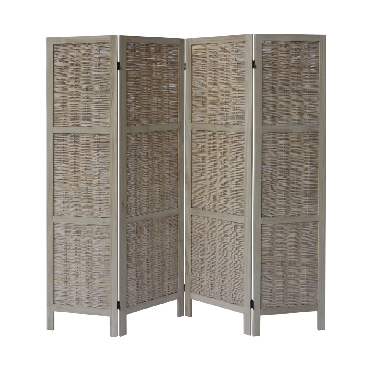 67 Inch Paulownia Wood 4 Panel Divider Screen, Woven Willow Design, Light Brown- Saltoro Sherpi