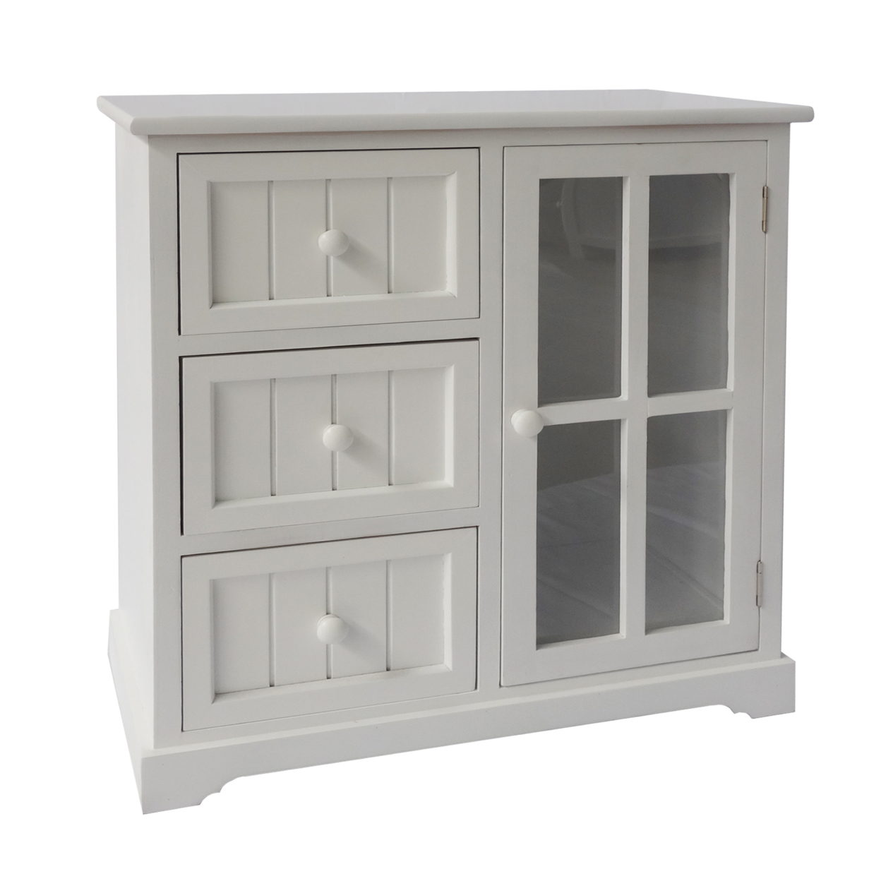 24 Inch Paulownia Wood Accent Cabinet, 3 Drawers, 1 Glass Door, White- Saltoro Sherpi
