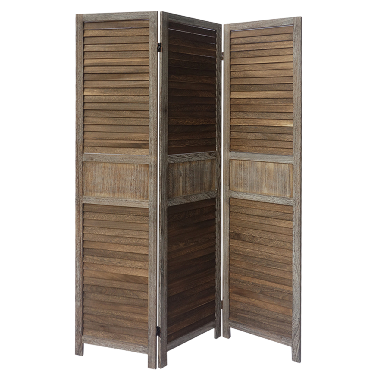 67 Inch Paulownia Wood Panel Divider Screen, Shutter Design, 3 Panels, Distressed Brown- Saltoro Sherpi