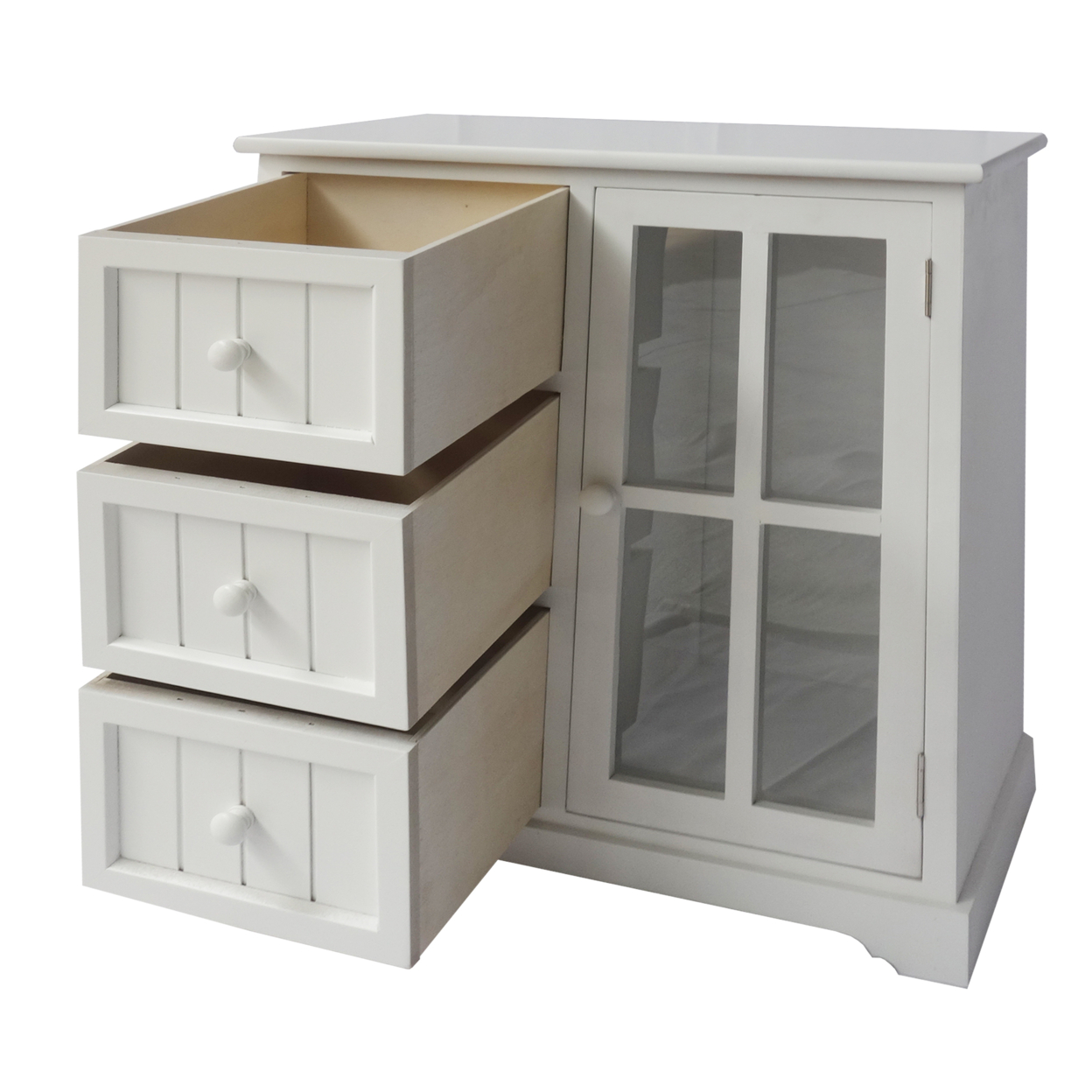 24 Inch Paulownia Wood Accent Cabinet, 3 Drawers, 1 Glass Door, White- Saltoro Sherpi