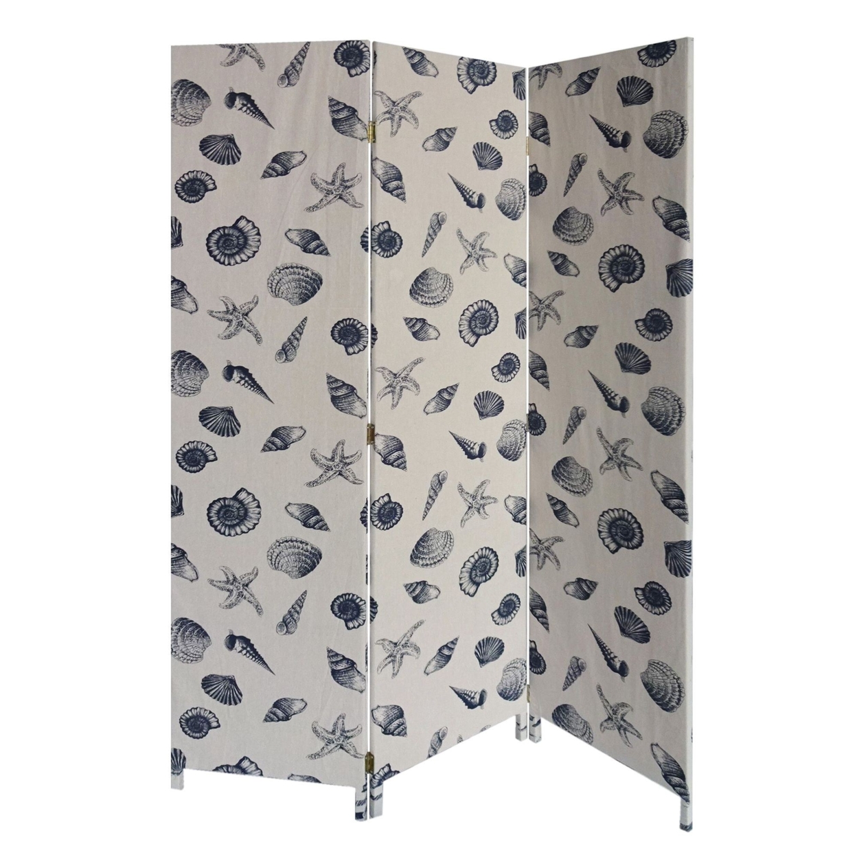 71 Inch 3 Panel Fabric Room Divider With Seashell Print, Blue- Saltoro Sherpi
