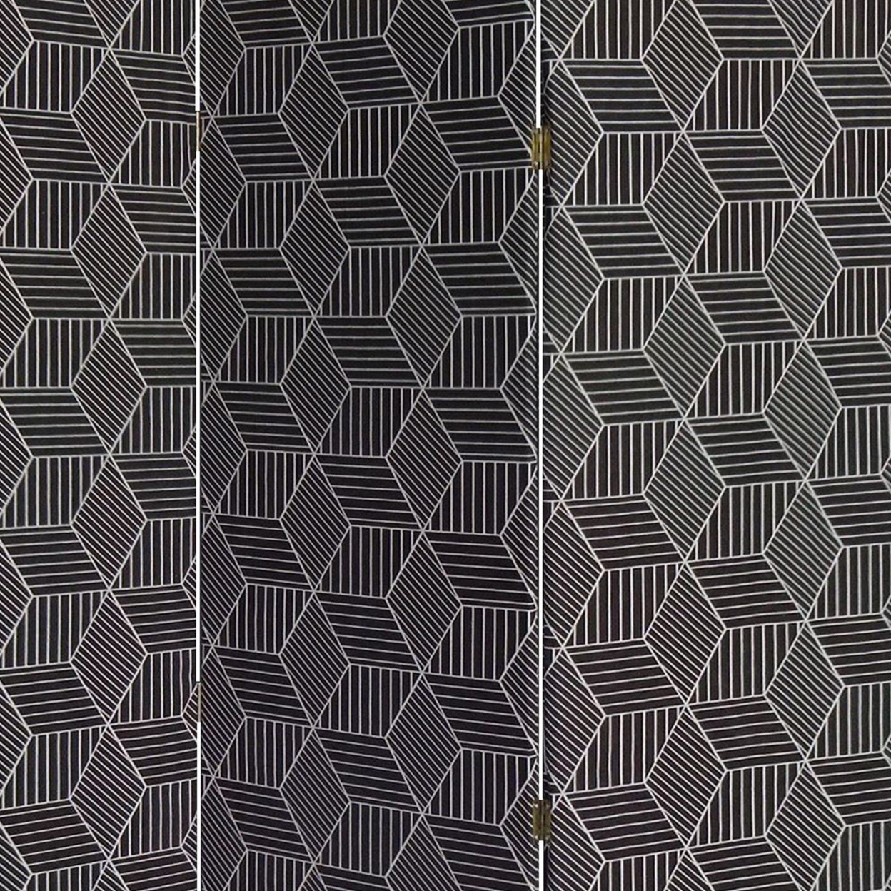 71 Inch 3 Panel Fabric Room Divider With Geometric Print, Black- Saltoro Sherpi