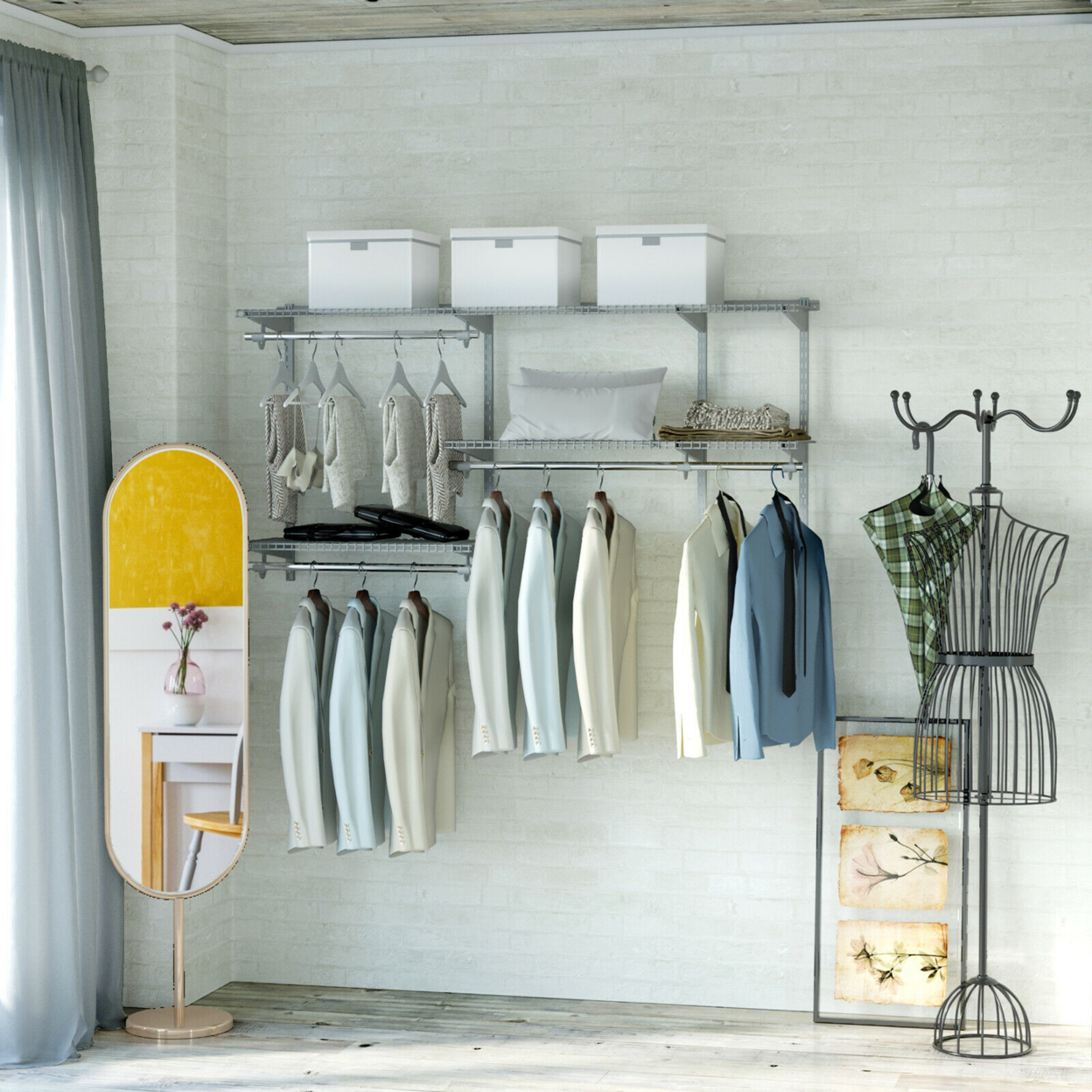Custom Closet Organizer Kit 3 To 5 FT Wall-mounted Closet System W/Hang Rod Grey