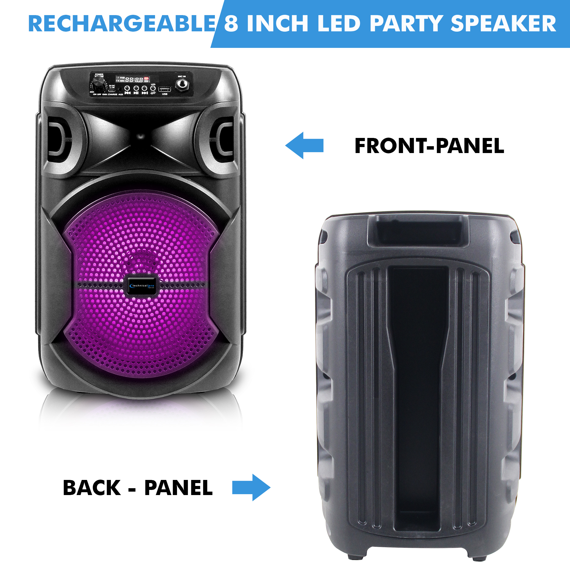 Technical Pro 8 Inch Portable 1000W Bluetooth Speaker W/ Woofer & Tweeter + Professional Portable Microphone With Digital Processing (Black)