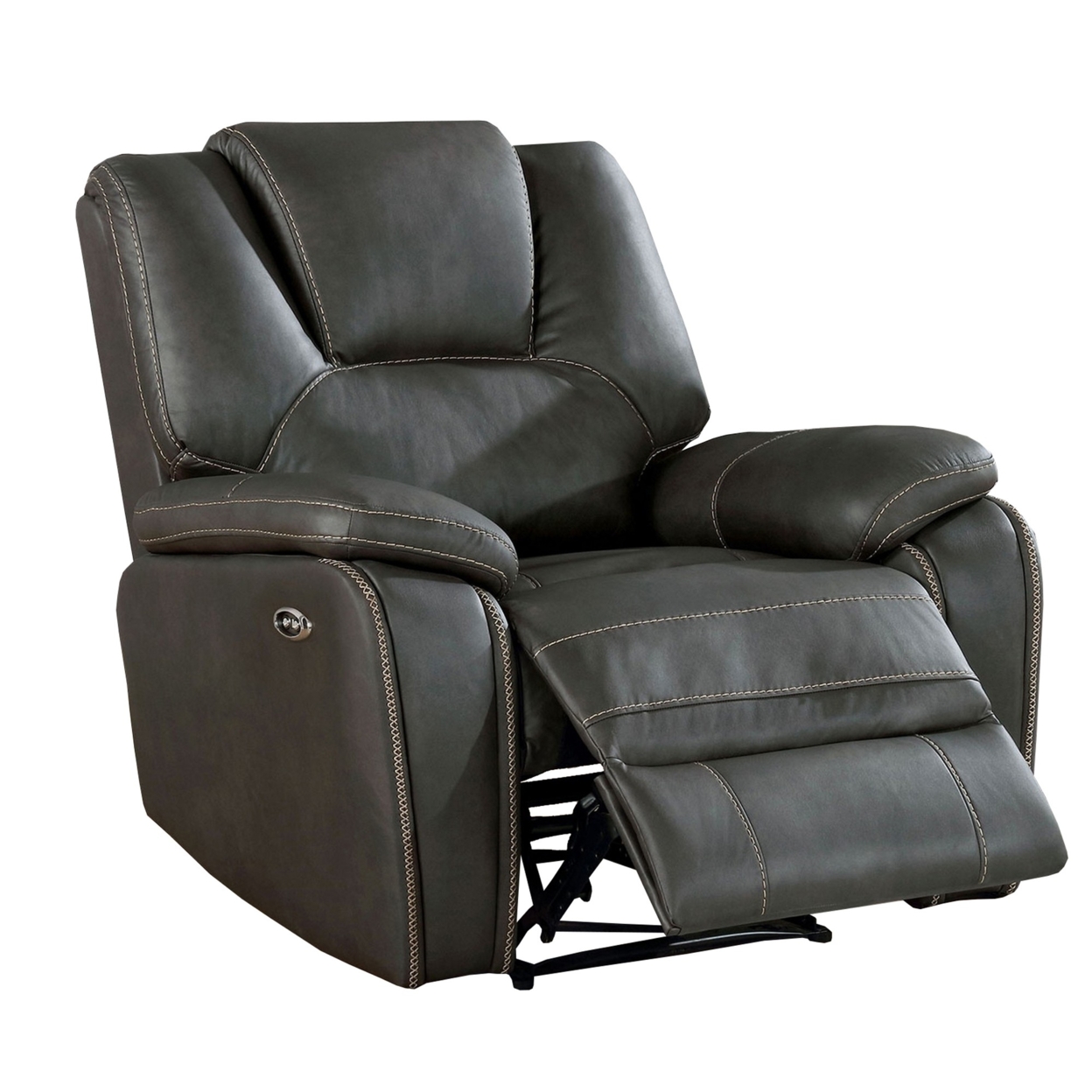 Leatherette Power Recliner With Pillow Top Arms, Dark Gray- Saltoro Sherpi