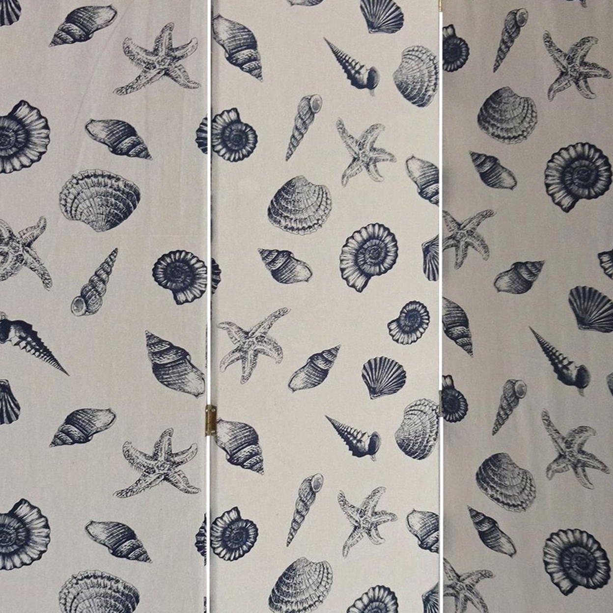 71 Inch 3 Panel Fabric Room Divider With Seashell Print, Blue- Saltoro Sherpi
