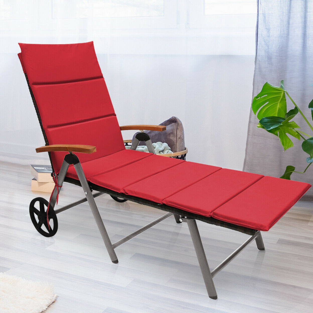 Folding Patio Rattan Lounge Chair Cushioned Aluminum Adjust Wheel Red