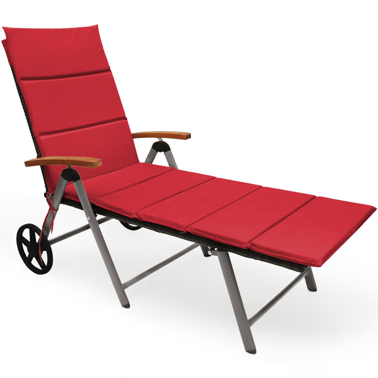 Folding Patio Rattan Lounge Chair Cushioned Aluminum Adjust Wheel Red