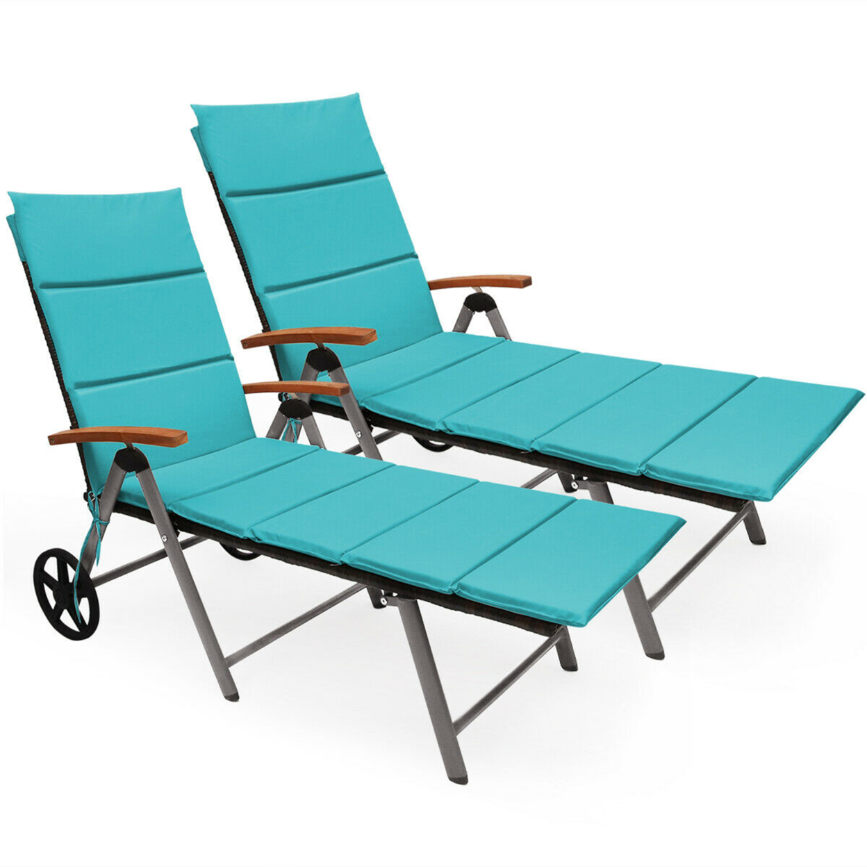2PCS Folding Patio Rattan Lounge Chair Cushioned Aluminum Adjust Wheel Turquoise